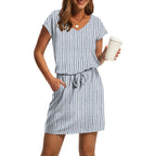 Ofeefan Summer Dresses For Women 2026 V Neck T Shirt Casual Mini Dresses Tie Waist Sundresses With Pockets