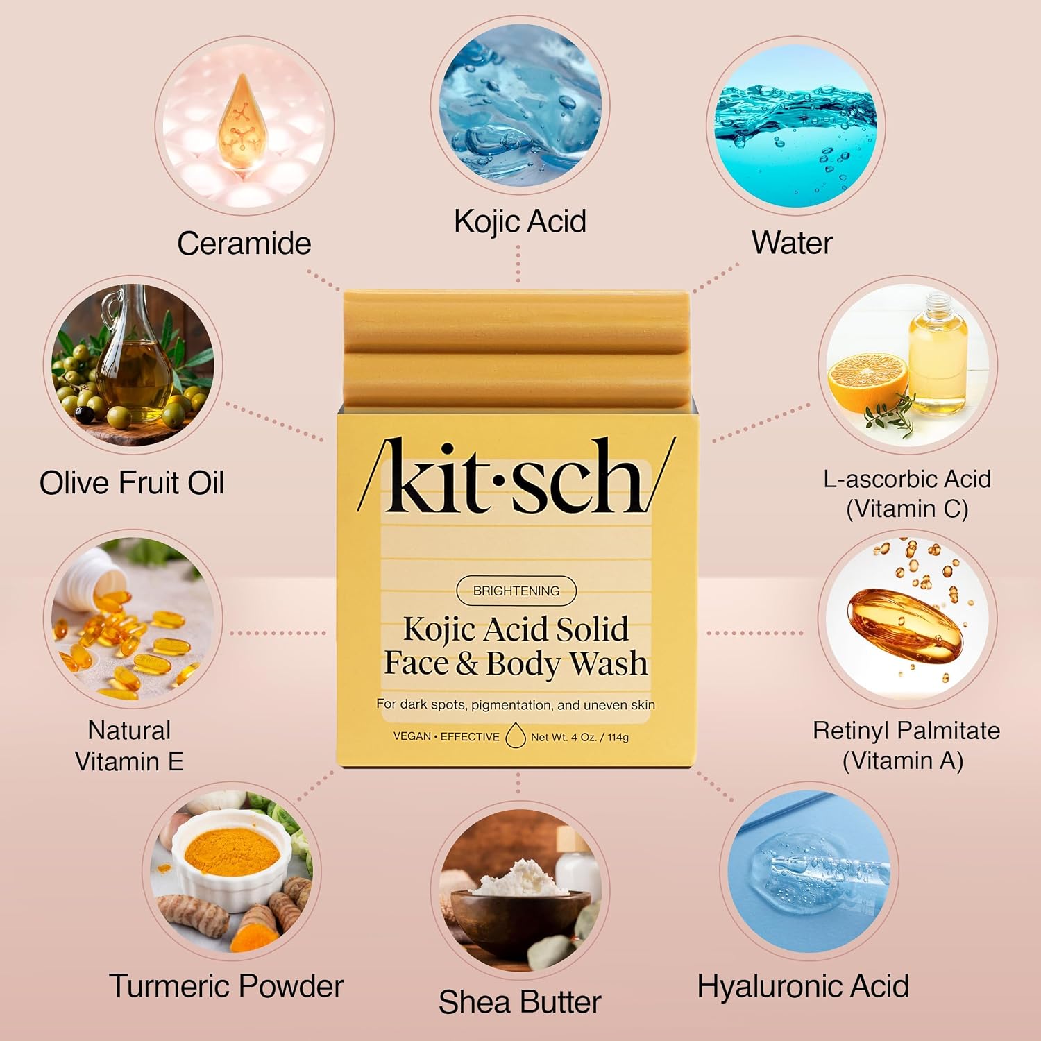 Kitsch Kojic Acid Soap – Turmeric Soap Bar With Hyaluronic Acid & Shea Butter – Brightening & Hydrating Body Wash & Face Wash For Dark Spots, Even Skin Tone & Natural Glow - Made In Usa - 4 Oz
