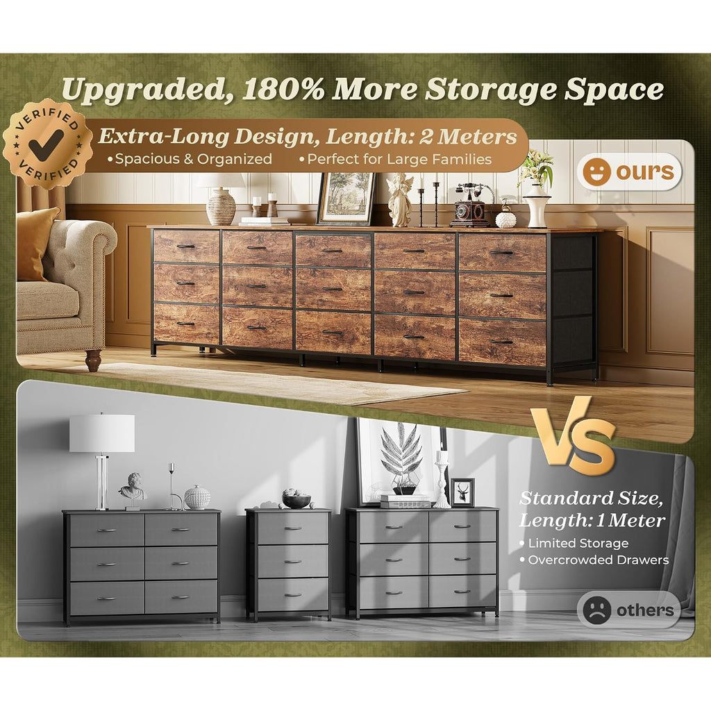 Huuger 78.7 Inch Long Dresser For Bedroom, 15 Drawer Fabric Dresser For Closet, Large Tv Stand For 65, 75, 85 Inch Tv, Wide Chest Of Drawer With Storage, 78.7" W X 12.9" D X 26.7" H, Rustic Brown