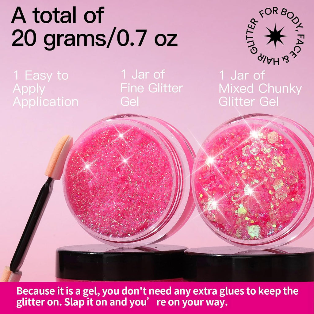 Teenitor Face Glitter, 2pcs Pink Body Glitter Gel, 20g/0.7oz Makeup Glitter for Face, Body, Eye, Hair Glitter Gel, Pink Glitter Gel for Face & Body - 2 Sizes, Festival Glitter Gel