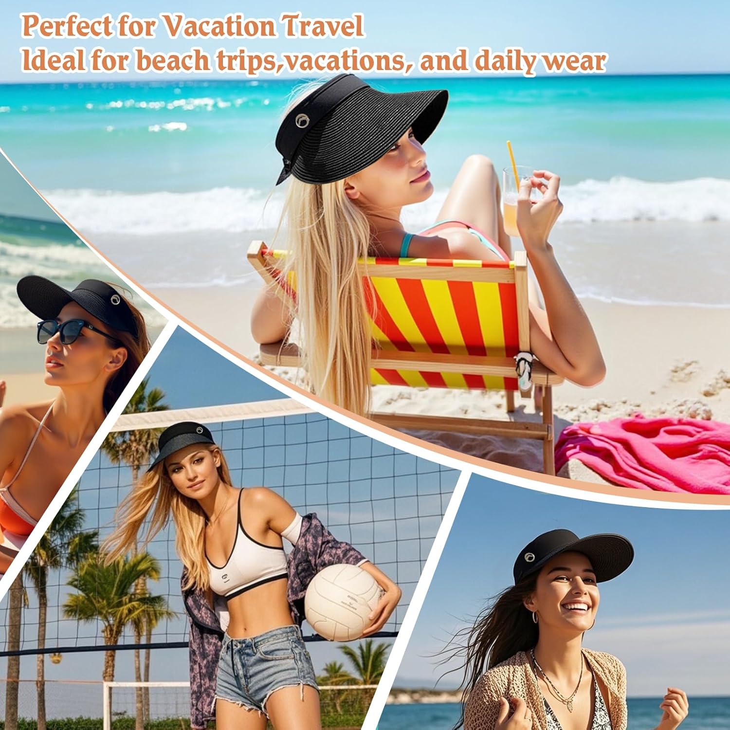 Women's Sun Visor Hats Wide Brim Straw Beach Hat Ponytail Hats for Women Foldable Floppy