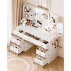 Livelyglow 43" Large White Makeup Vanity Desk With Charging Station | Smart Led Mirror, Hairdryer Holder, 7 Drawers, 4 Shelves