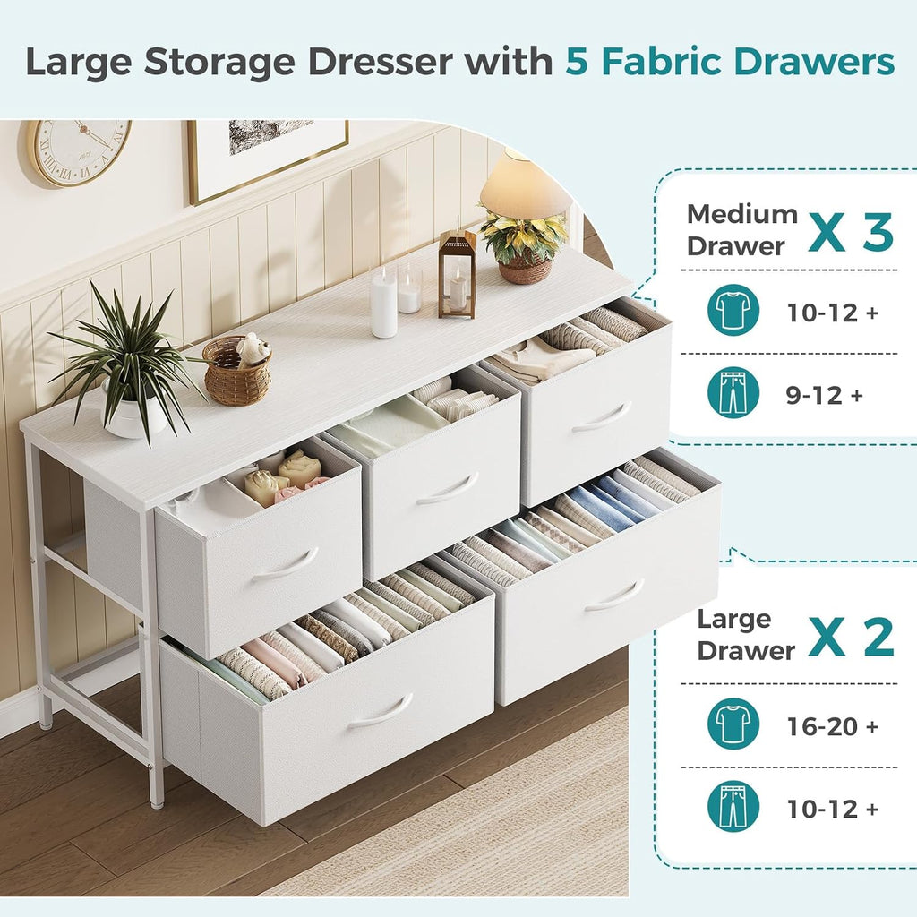 Olixis White Dresser For Bedroom, Wide Chest Of Drawers For Clothes Storage | Fabric Bedroom Dresser With 5 Drawers, Storage Organizer Unit With Fabric Bins, Wooden Top, Living Room