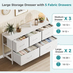 Olixis White Dresser For Bedroom, Wide Chest Of Drawers For Clothes Storage | Fabric Bedroom Dresser With 5 Drawers, Storage Organizer Unit With Fabric Bins, Wooden Top, Living Room