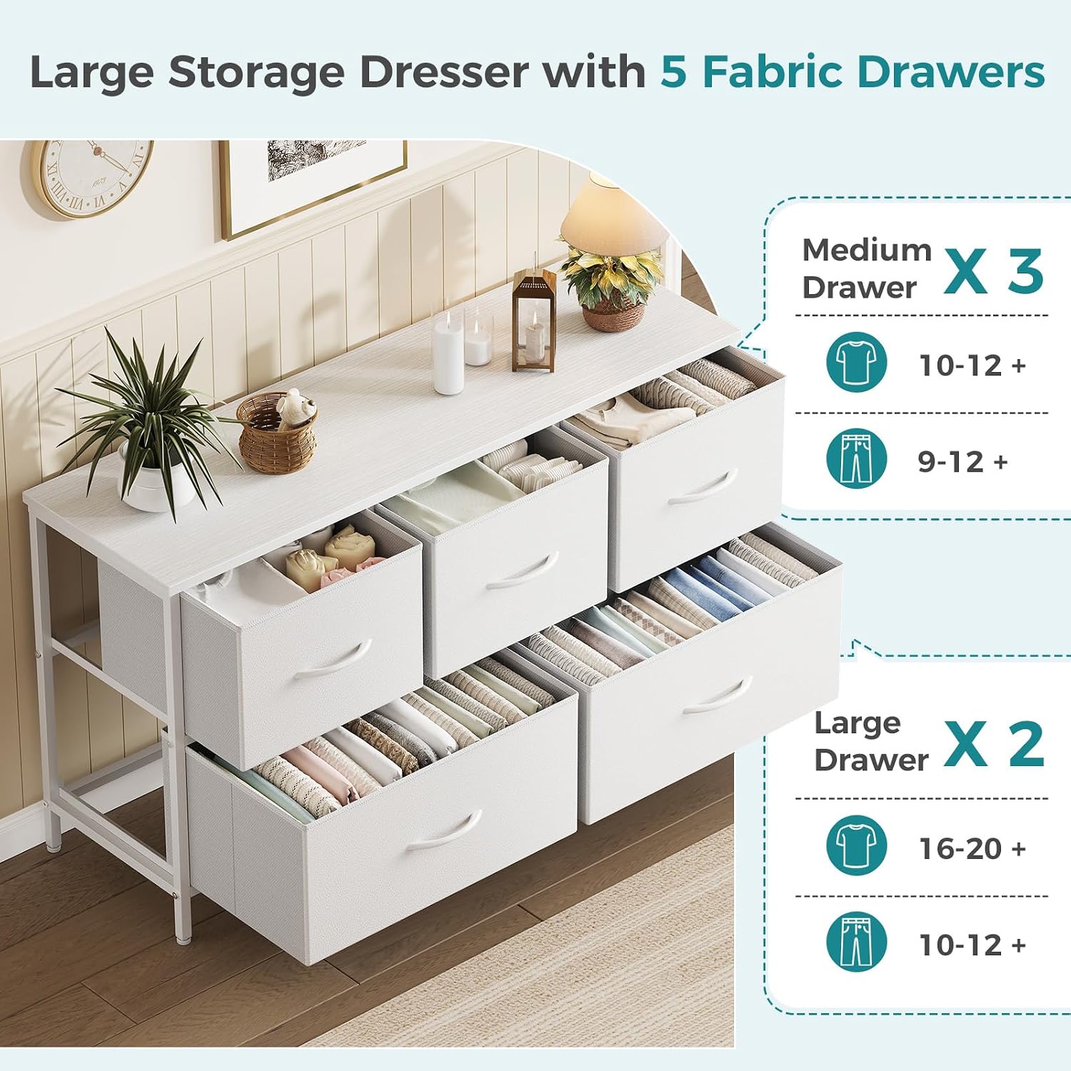 Olixis White Dresser For Bedroom, Wide Chest Of Drawers For Clothes Storage | Fabric Bedroom Dresser With 5 Drawers, Storage Organizer Unit With Fabric Bins, Wooden Top, Living Room