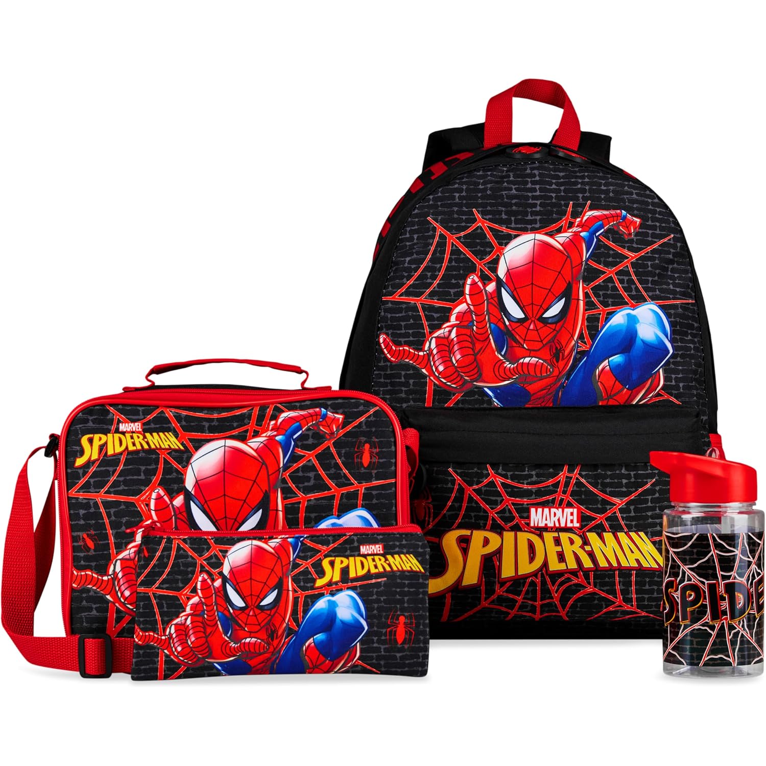 Marvel Spiderman Backpack Lunch Box Water Bottle Pencil Case 4 Pc Set For Boys Girls Bookbag Picnic Backpacks Gifts For Kids