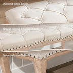 Bedroom Bench, French Vintage Tufted Entryway Bench, 45.2" Carving Upholstered End Of Bed Bench With Distressed Wood Legs, Linen Ottoman Seat For Living Room, Foyer, Dining Room, Beige