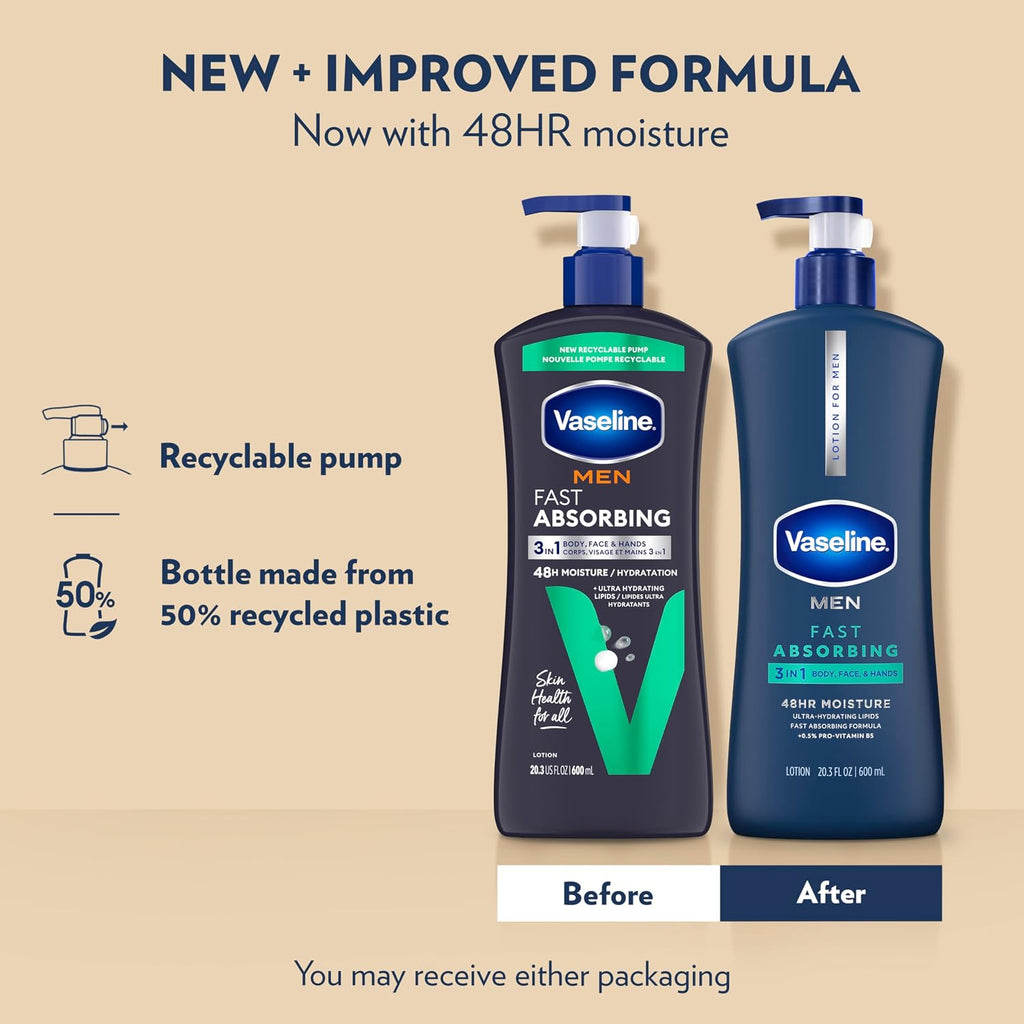 Vaseline Men'S Healing Moisture Hand & Body Lotion For Dry Or Cracked Skin Fast Absorbing Non-Greasy Lotion For Men 20.3 Oz, Pack Of 3