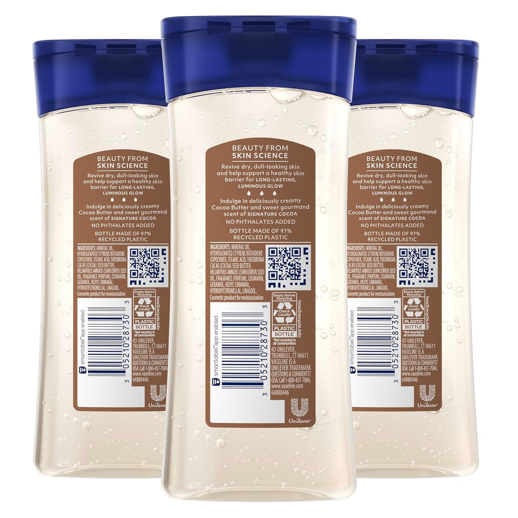 Vaseline Intensive Care Cocoa Radiant Pack Of 3 For Glowing Skin Body Gel Oil Made With Pure Cocoa Butter + Replenishing Oils 6.8 Fl Oz