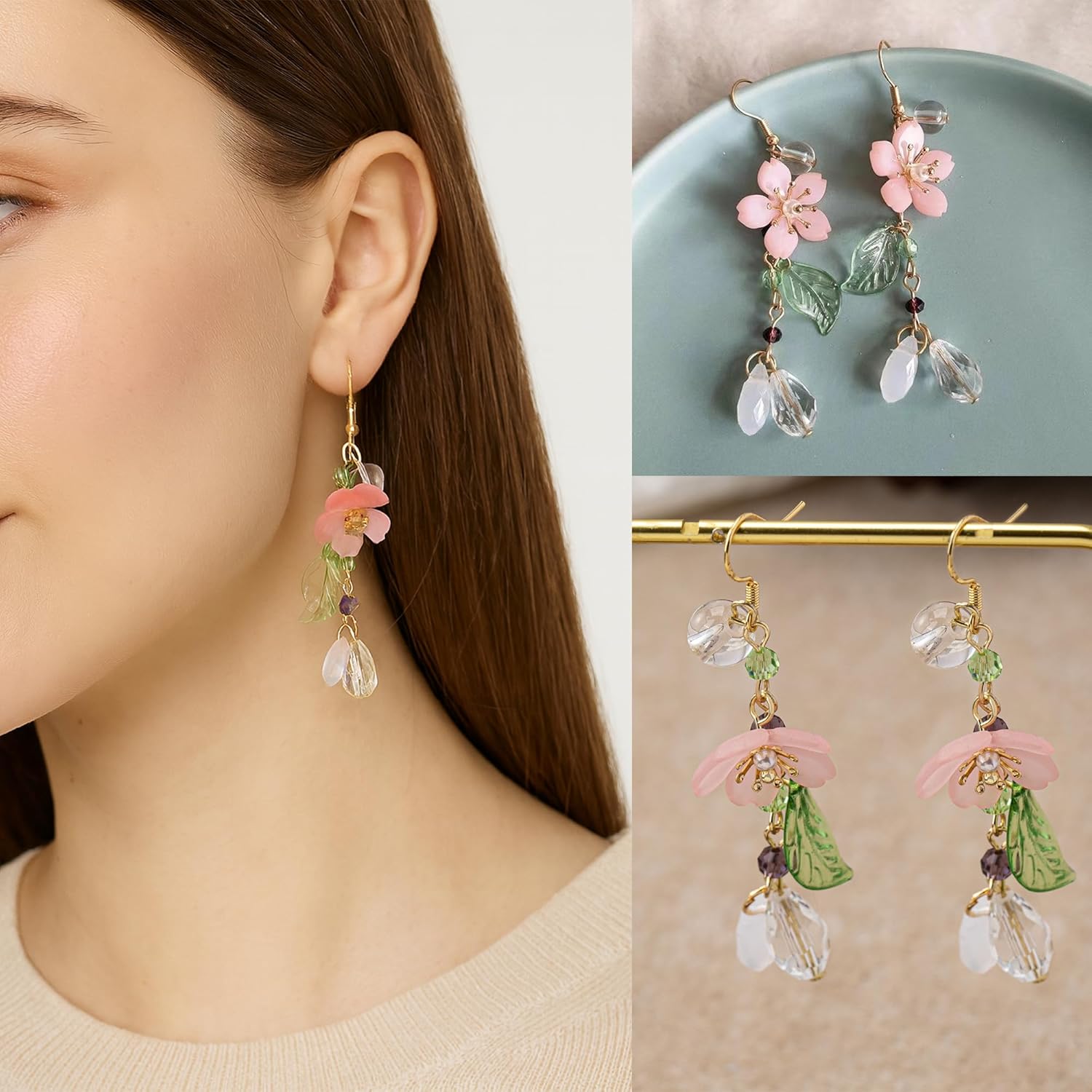 9 Pairs Floral Earrings Set Inspired Long Dangle Flower Leaf Designed Earrings With Pearl Accents And Tassel Details Hypoallergenic Statement Earrings for Women