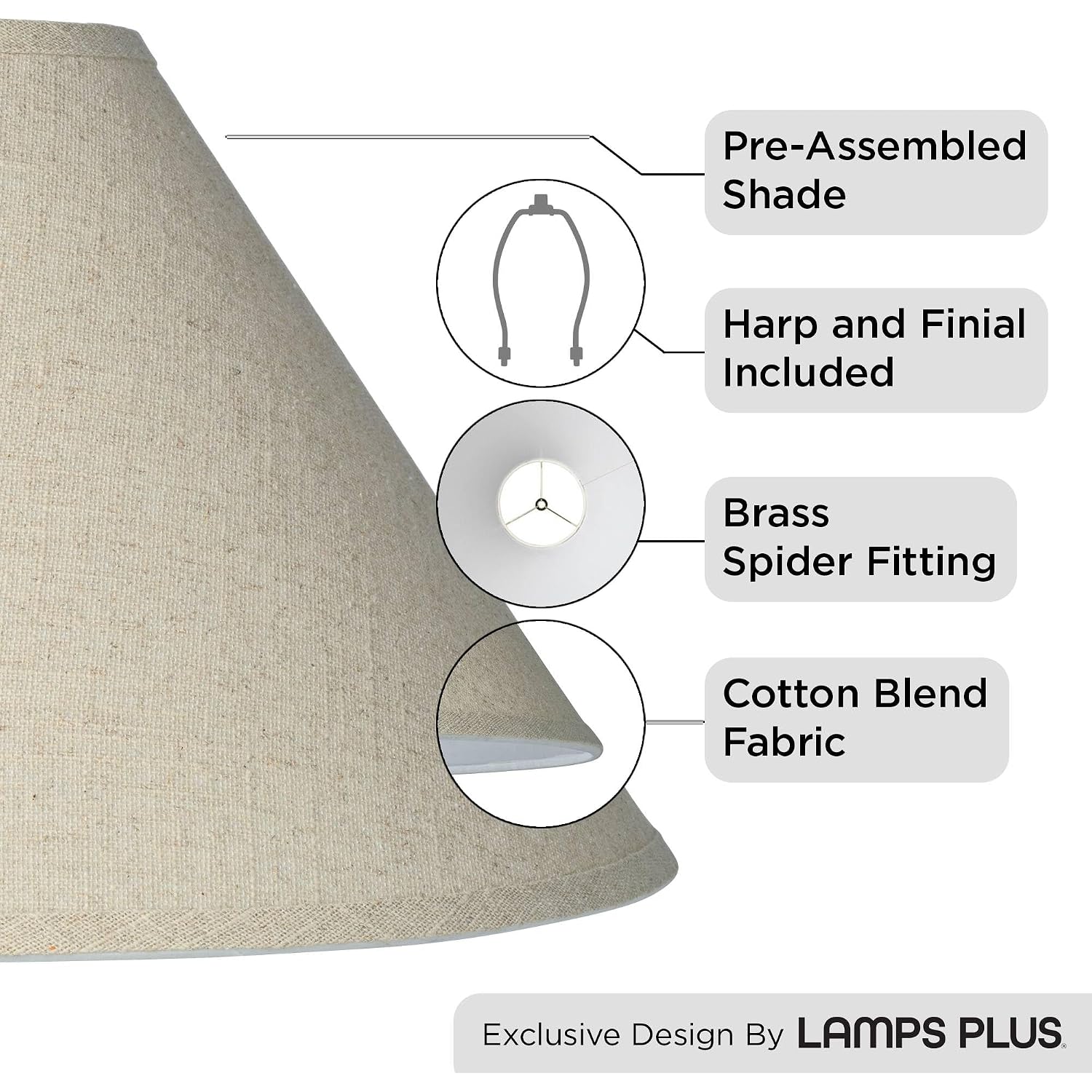 Fine Burlap Large Empire Lamp Shade (Pre-Assembled) 6" Top X 19" Bottom X 10.5" High X 12" Slant (Spider) Replacement With Harp And Finial