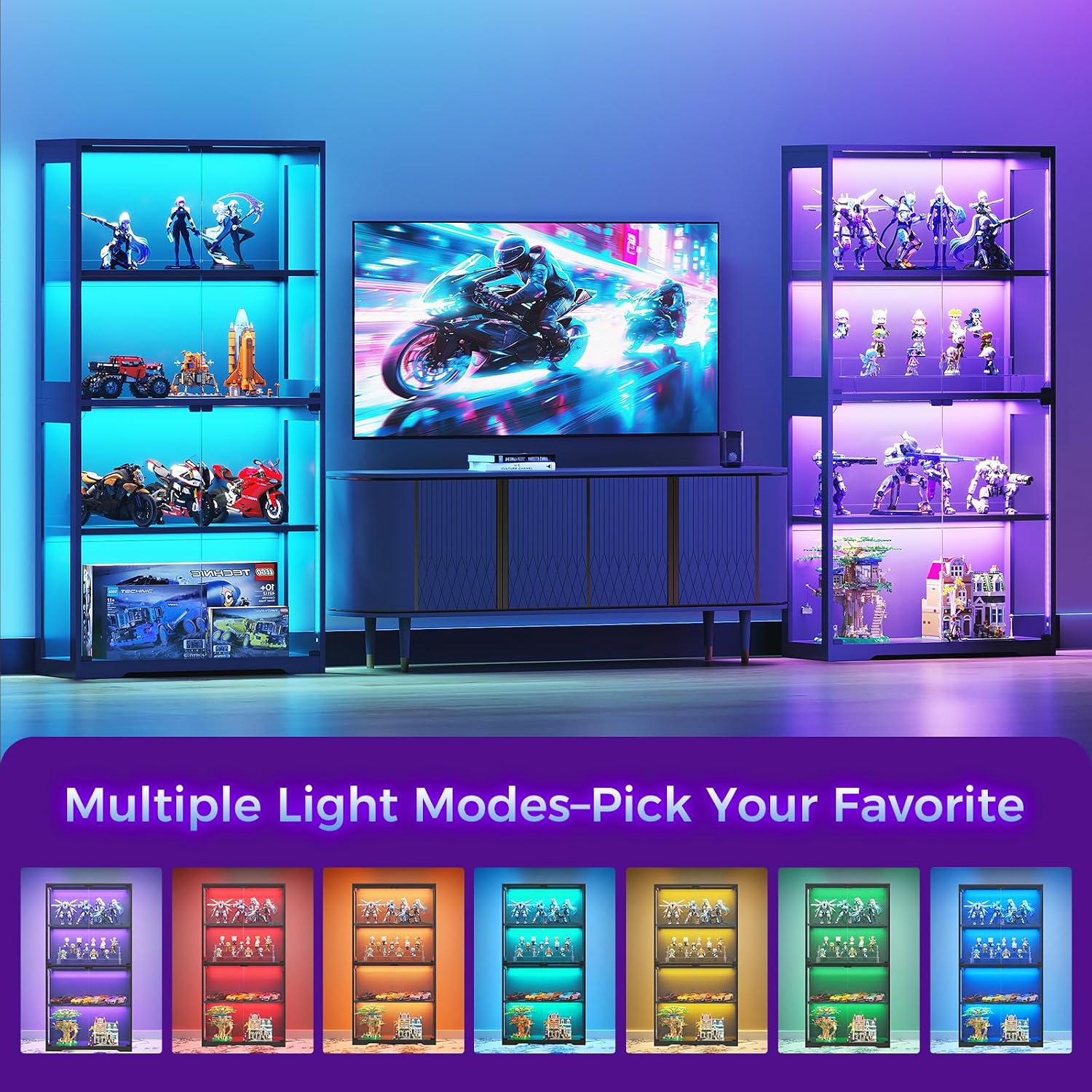 Aodk Glass Display Cabinet With Glass Doors, Rgb Light Display Case, 4-Tier Storage Cabinet Display Shelf For Showcase, Black Curio Cabinet For Collectibles