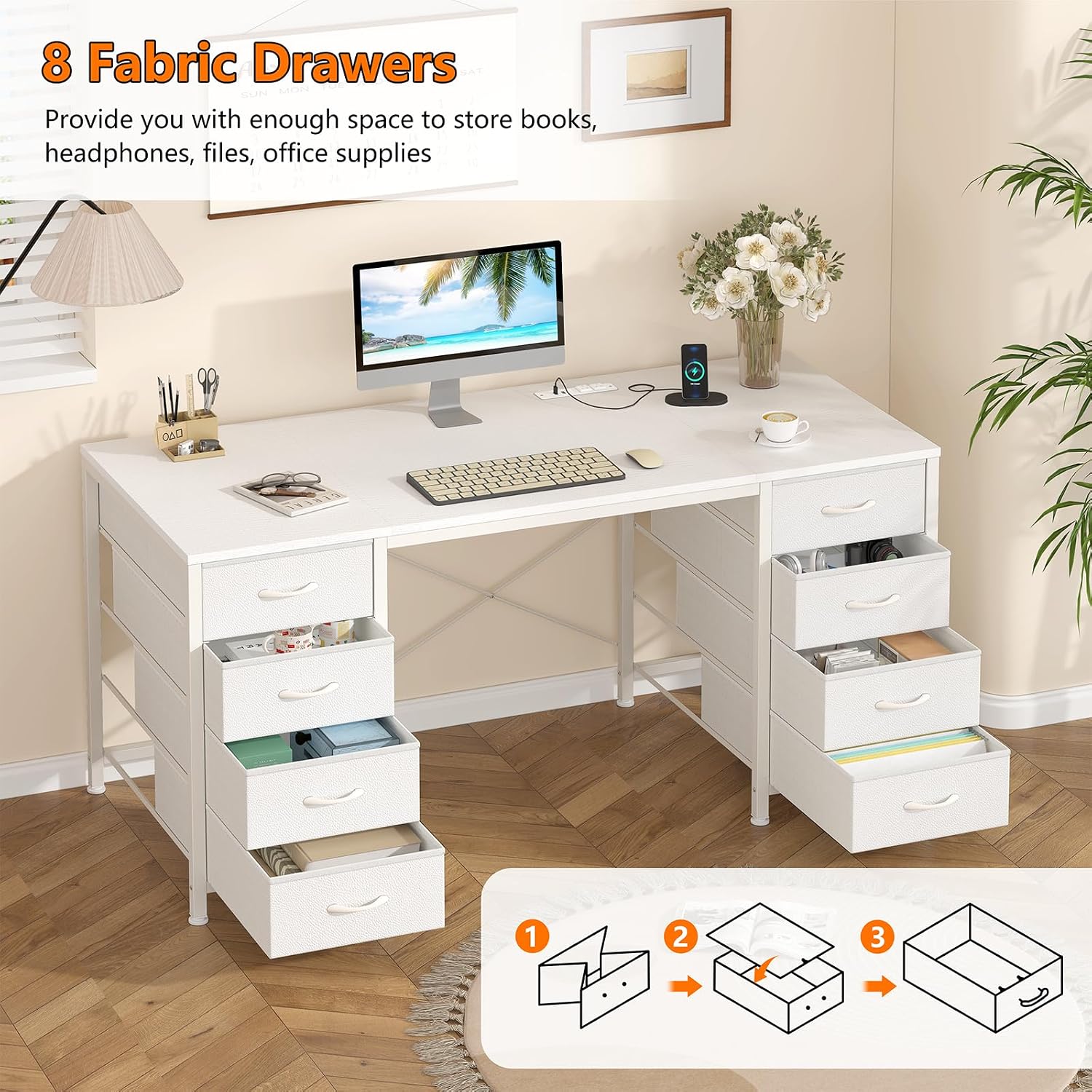 50 Inch White Computer Desk With 8 Drawers, Home Office Desk With Power Outlets, Work Study Gaming Desk With 8 Fabric Drawers, White