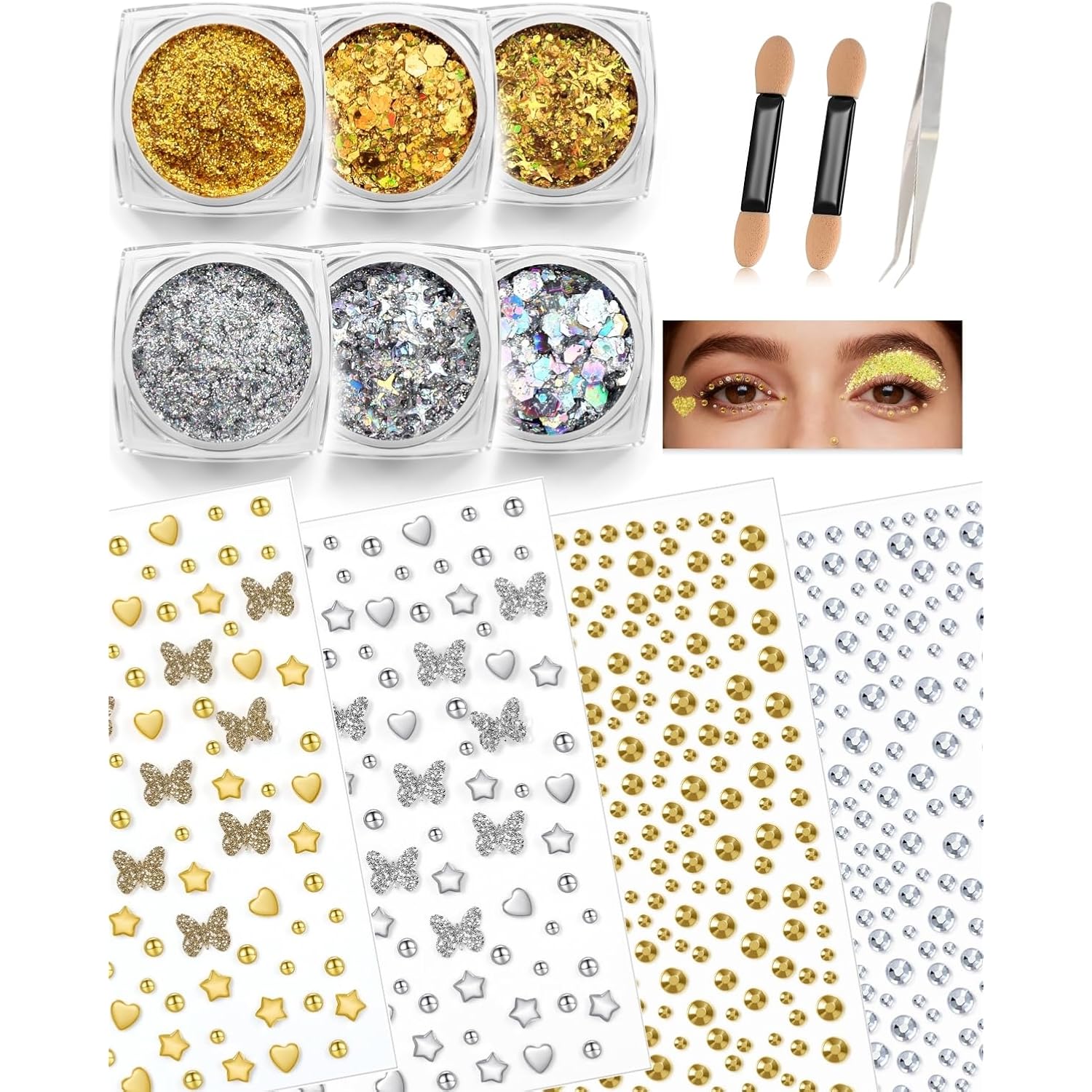 6+4 Gold Silver Face Gems Body Glitter Set: Sparkly Face Hair Glitter Gel & Self Adhesive Butterfly Heart Stars Stickers for Women Disco 50th Birthday Easter Party Makeup Accessories (Gold,Silver)