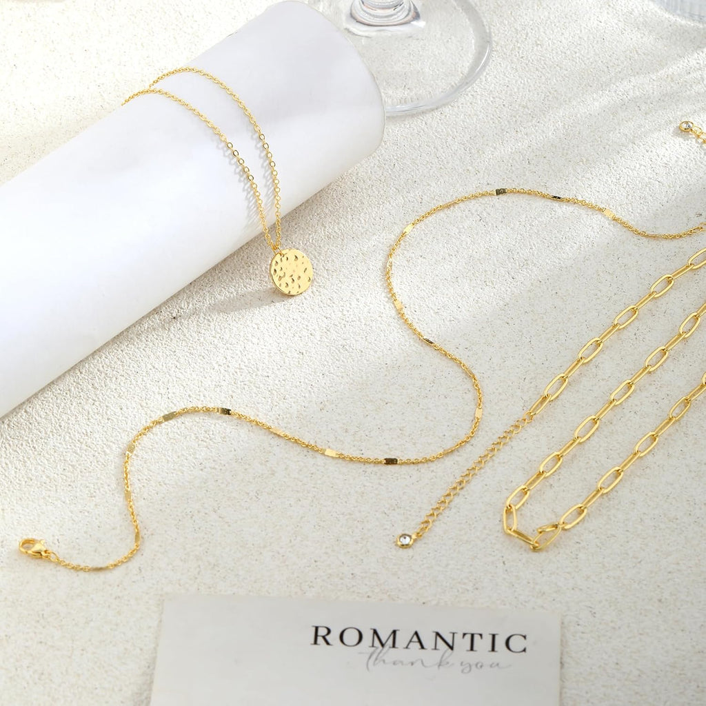 Layered Gold Necklace for Women, 14K Gold Plated Necklace Stack for Women, Dainty Adjustable Gold Necklace Set