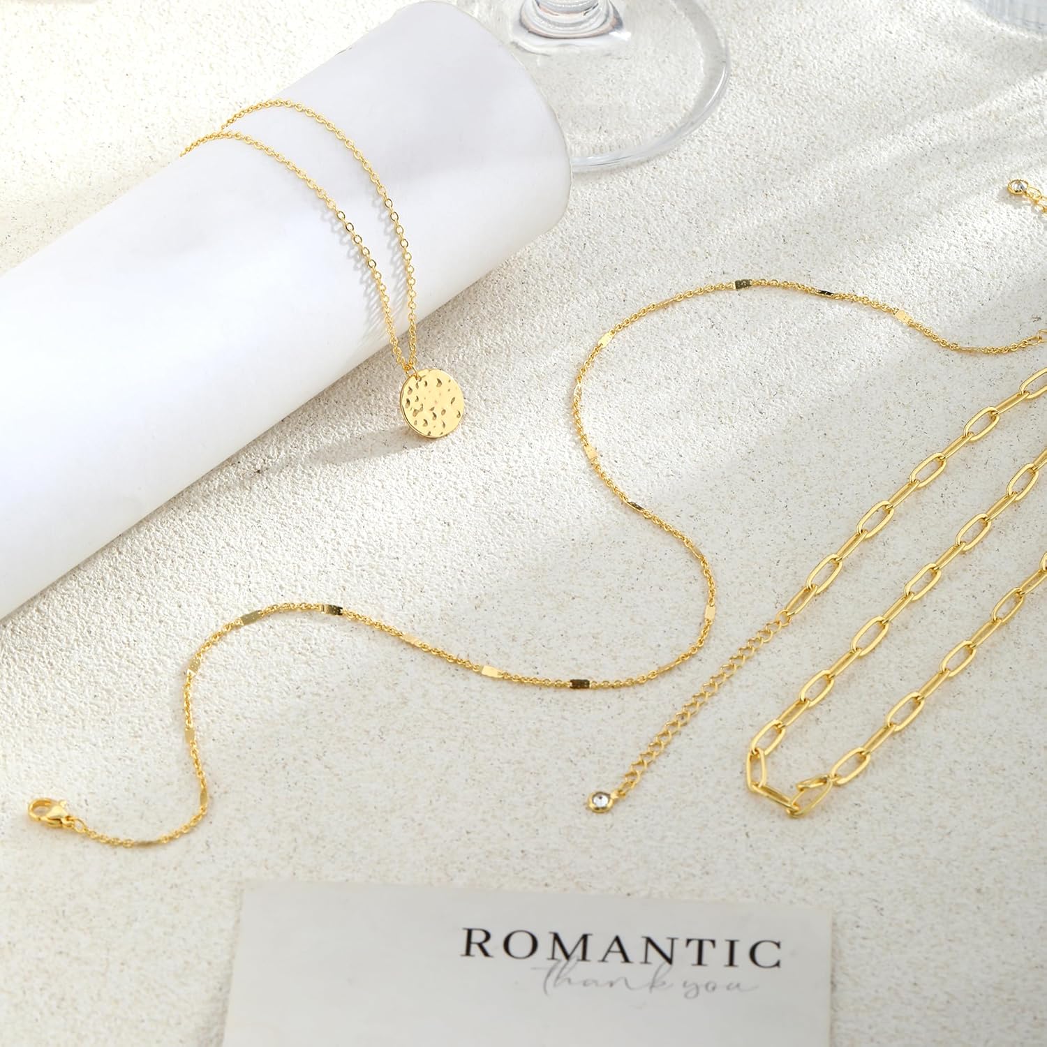 Layered Gold Necklace for Women, 14K Gold Plated Necklace Stack for Women, Dainty Adjustable Gold Necklace Set