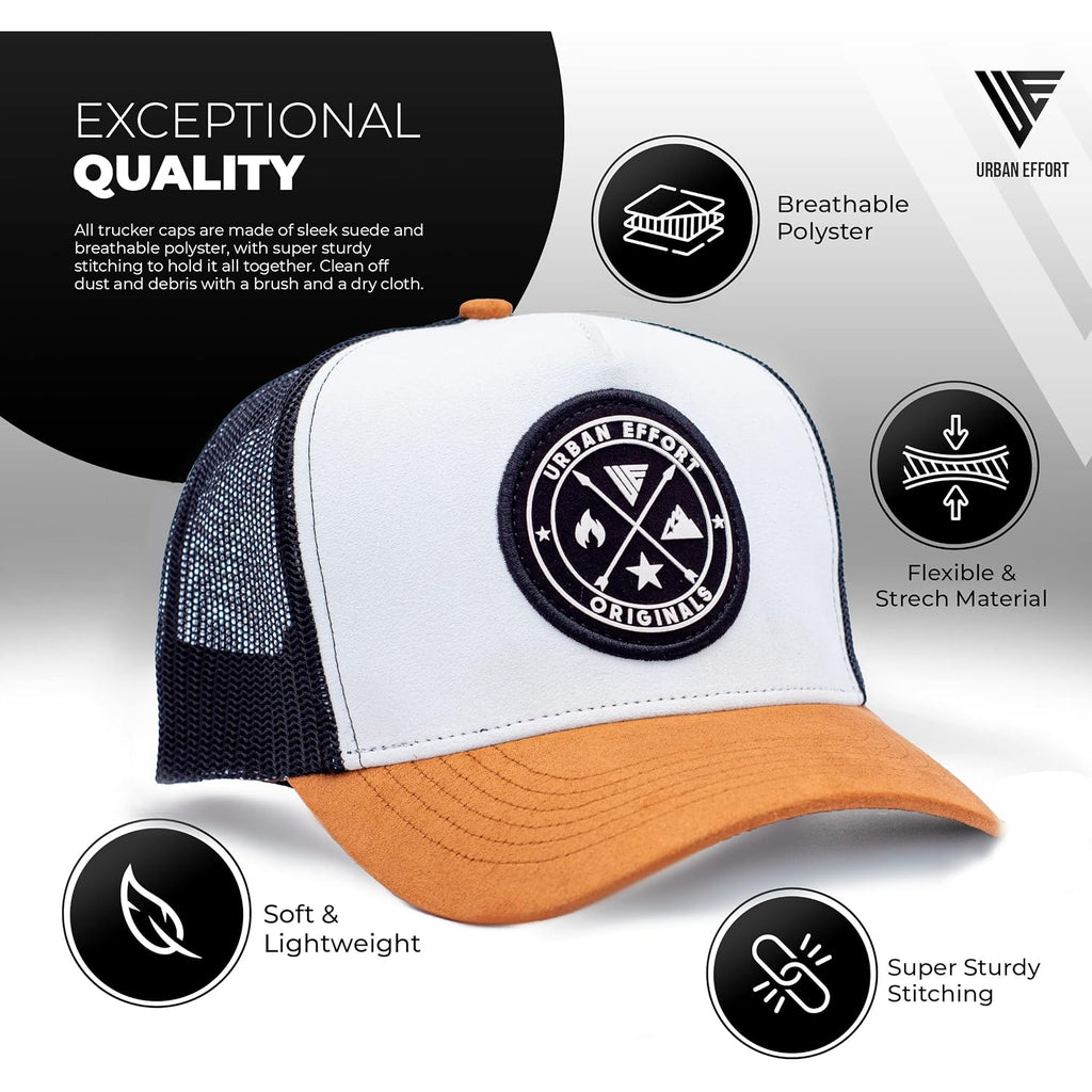 Tucker Hats for Men - Mesh Back Cap Women Baseball Hat 5-Panel-Great Baseball Snapback Closure White+ Brown Black Patch