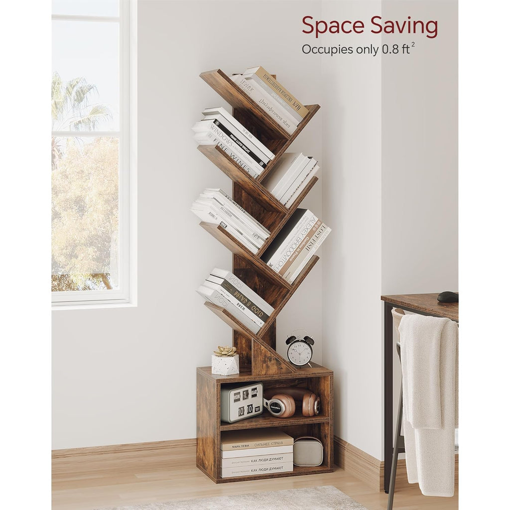 SUNMORY 6 Tier Tree Bookshelf, Small Bookcase with Storage Cabinet, Modern Tall Narrow Bookshelves Organizer, Floor Standing Book Shelf for Bedroom/Living Room/Home Office/Corner, Rustic Brown