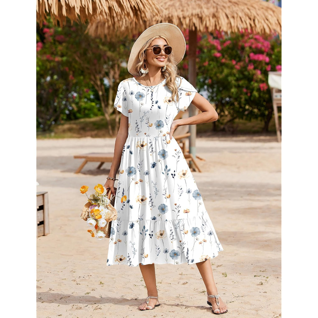 Zeagoo Women Summer Midi A Line Dress Short Sleeve Casual Flowy Tiered Beach Long Sundress With Pockets 2026 Vacation Travel