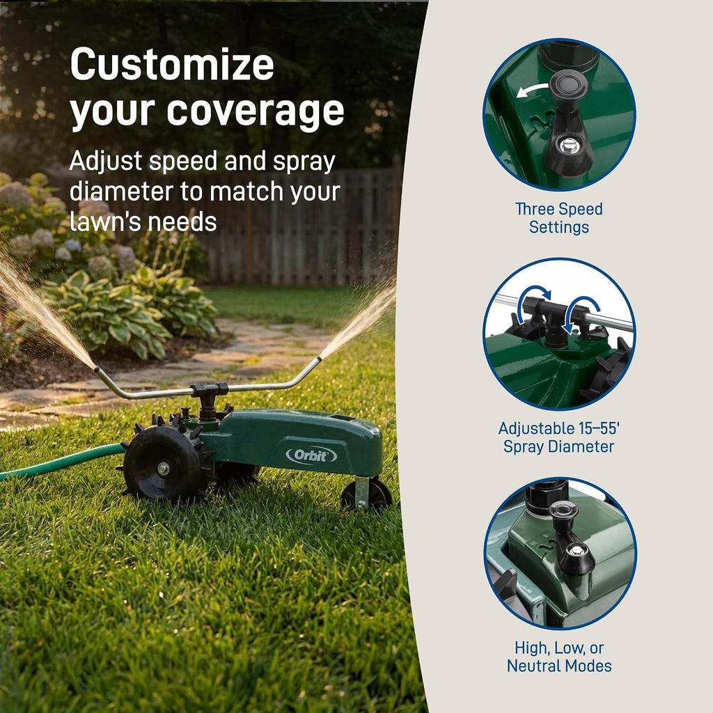 Orbit Traveling Tractor Water Sprinkler - Self-Propelled Traveling Sprinkler For Wide Lawn Coverage - Cast-Iron Body With Adjustable Coverage - Three-Speed - Automatic Shut Off - 58322