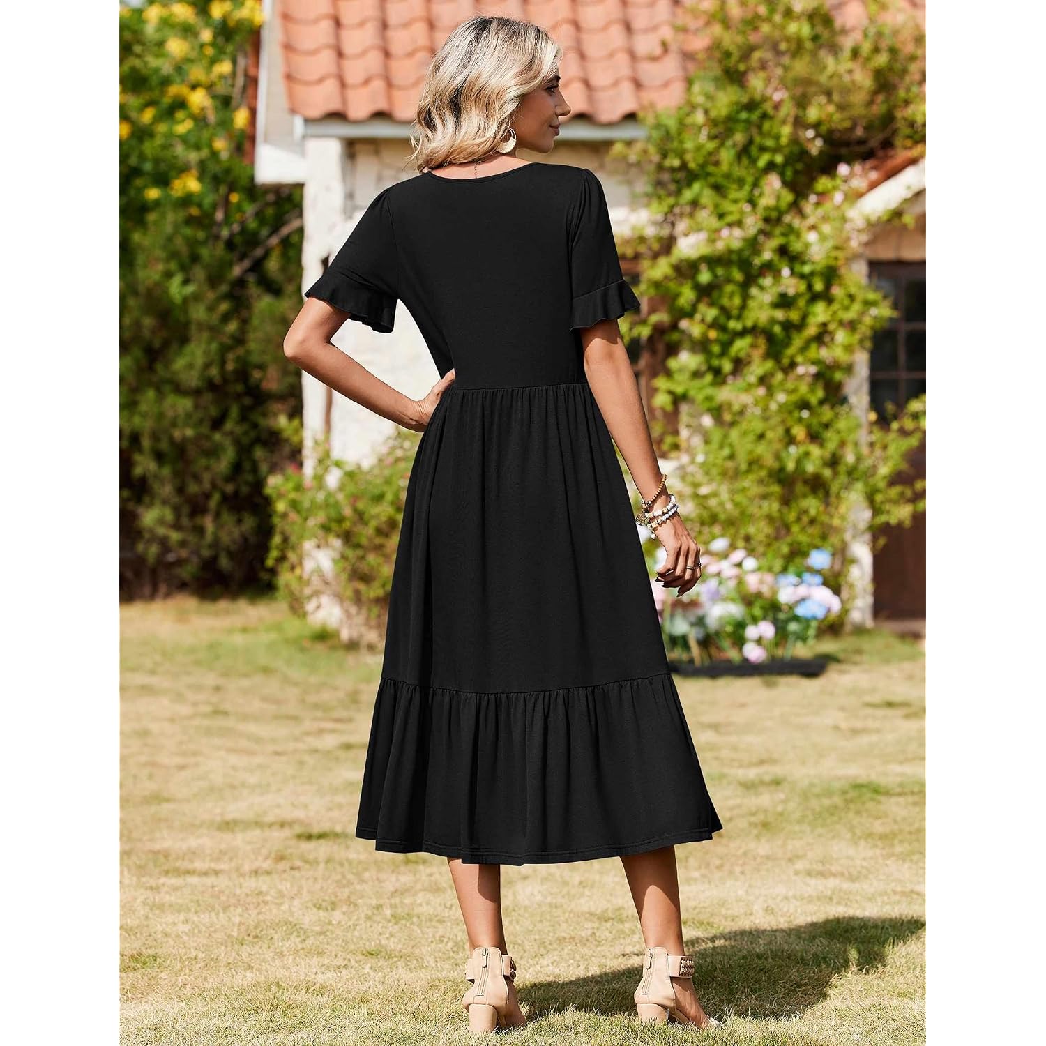 Zeagoo Womens Summer Dresses 2026 Casual Midi Dress Flowy Sundress Ruffle Short Sleeve Tiered Dresses A Line Boho Dress