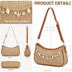 Straw Shoulder Bag For Women Raffia Summer Beach Bag Boho Woven Straw Shoulder Purse Crochet Vacation Purse Handbag