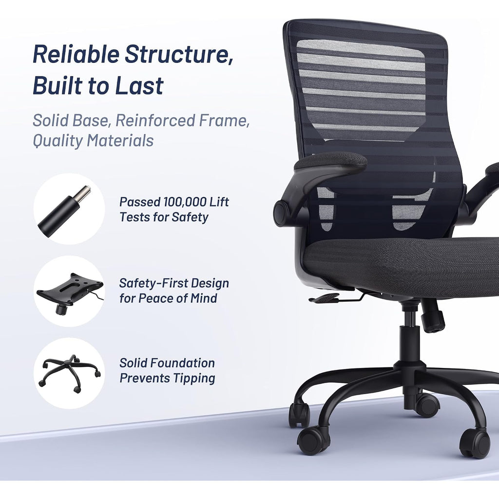 Office Desk Chair For Long Hours & Lower Back Pain Relief – 4“ Thick Molded Foam Cushion, Enhanced Lumbar Support, Padded Flip-Up Armrests, Ideal For Office Or Study, Black