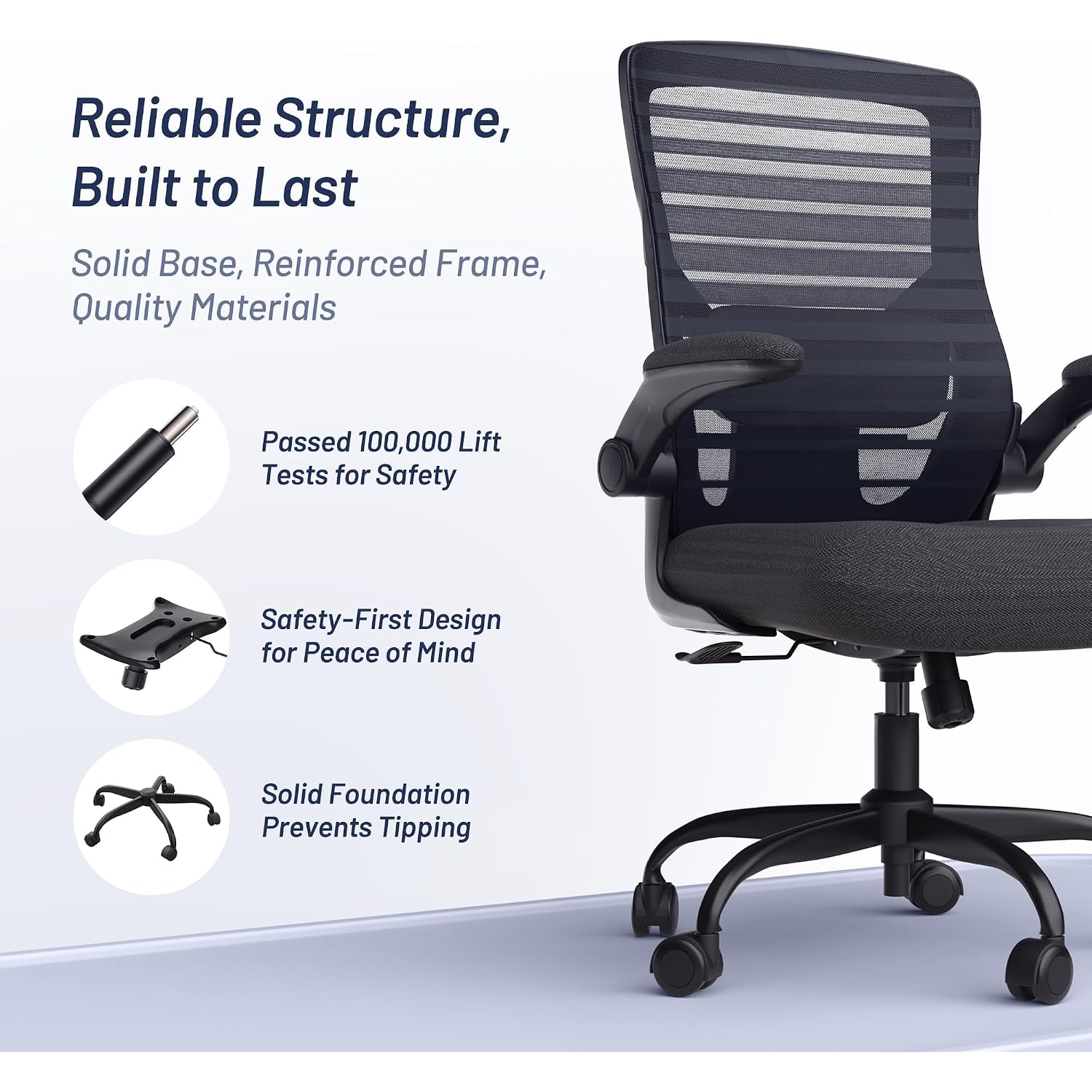 Office Desk Chair For Long Hours & Lower Back Pain Relief – 4“ Thick Molded Foam Cushion, Enhanced Lumbar Support, Padded Flip-Up Armrests, Ideal For Office Or Study, Black