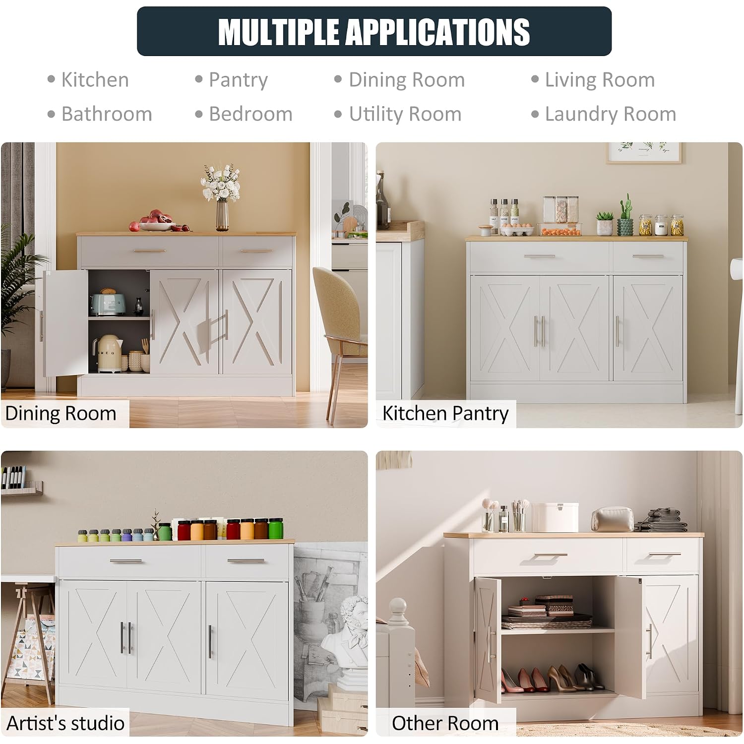 Kitchen Buffet Sideboard Cabinet With Storage, Farmhouse Kitchen Cabinet With 3 Doors And 2 Drawers, Coffee Bar Cabinet With Storage For Living Room, White