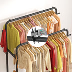 Laiensia Double Rods Garment Rack With Wheels, Clothing Rack For Hanging Clothes,4 Hooks, Multi-Functional Bedroom Clothes Rack, Black