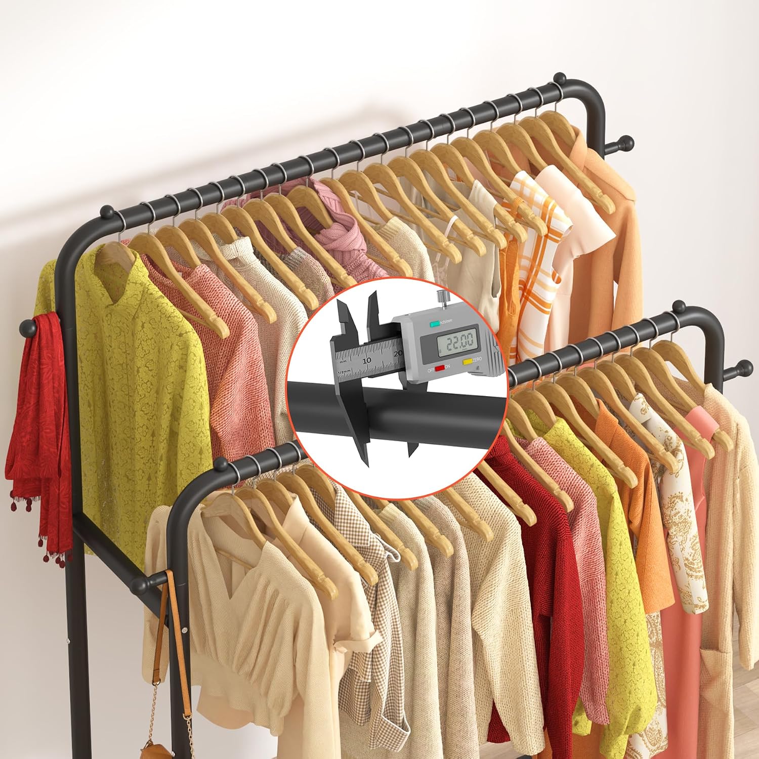 Laiensia Double Rods Garment Rack With Wheels, Clothing Rack For Hanging Clothes,4 Hooks, Multi-Functional Bedroom Clothes Rack, Black