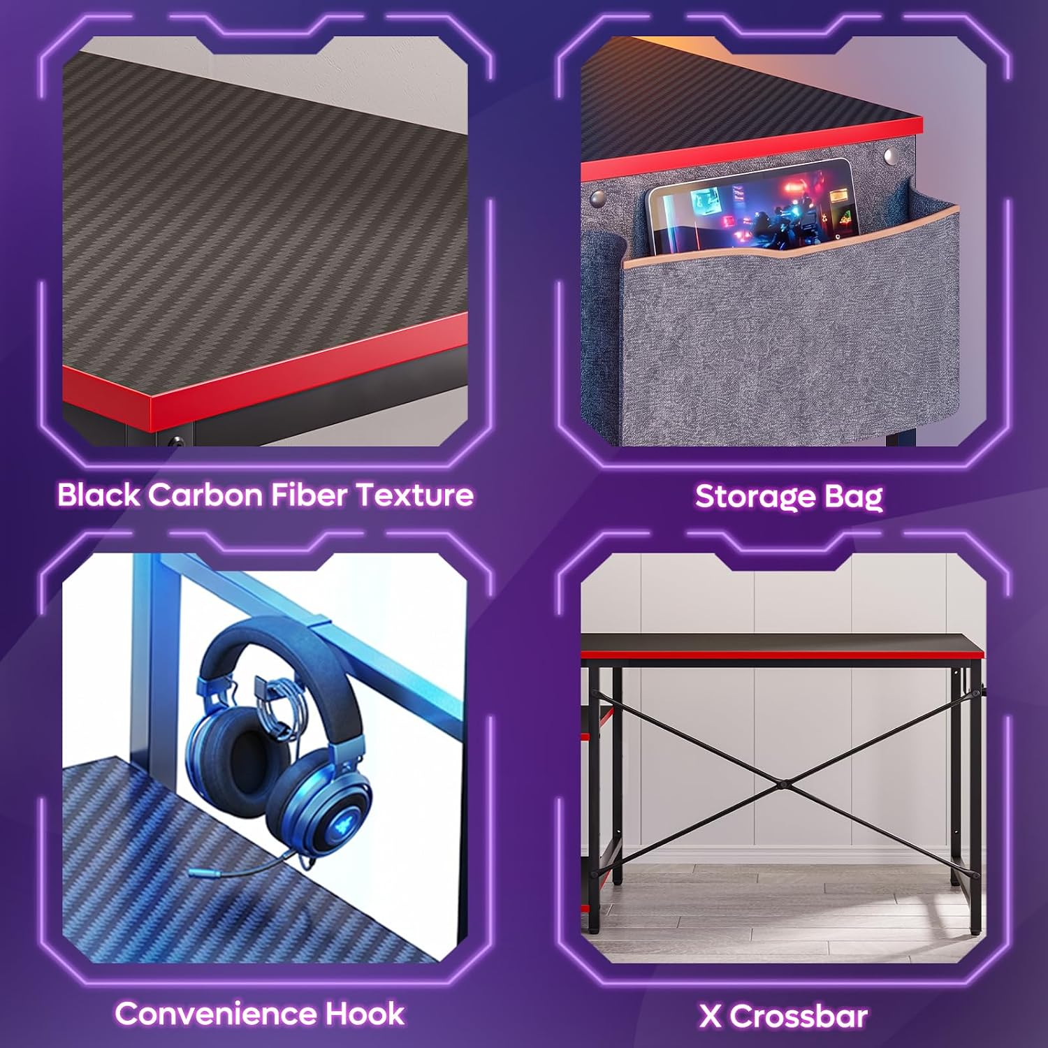 Bestier Gaming Desk With Led Lights, 44 Inch Pc Gamer Desk For Small Spaces, Computer Desk With Reversible Storage Shelves & Side Storage Bag (Black 3D Carbon Fiber)