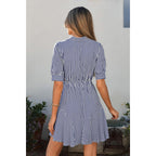 Mascomoda Womens Puff Short Sleeve Striped Mini Summer Dress Spring Casual V Neck Button Down A Line Short Work Shirt Dresses