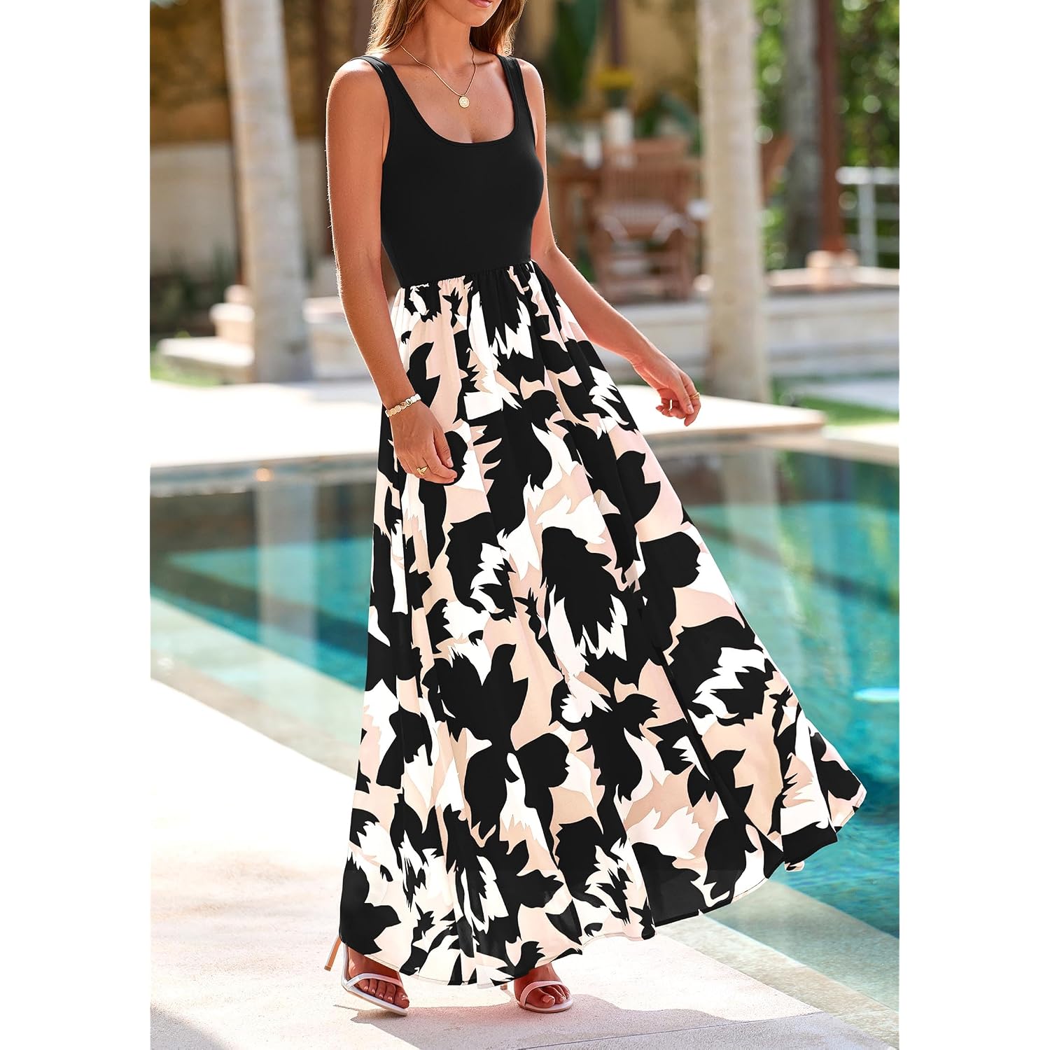 Kirundo Women Summer Maxi Dress Boho Long Sundress, Sleeveless Floral Flowy A Line Scoop Neck Tank,Beach Vacation Resort Wear