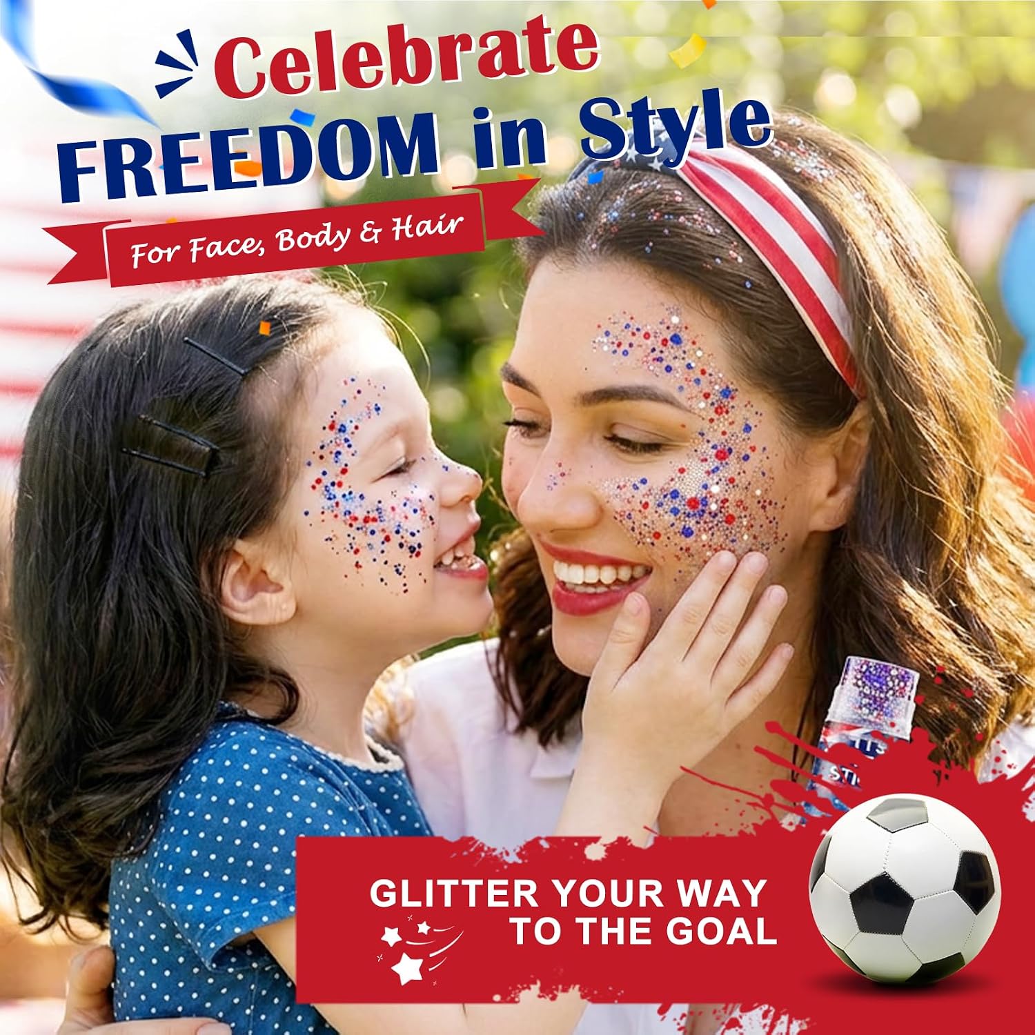 Red White Blue Glitter Stick - Hexagonal Patriotic Body Face Glitter Gel Makeup For Women Kids - Hypoallergenic Alcohol Free Hair Glitter For 4Th Of July, 250Th Independence Day Outfits, Soccer Game