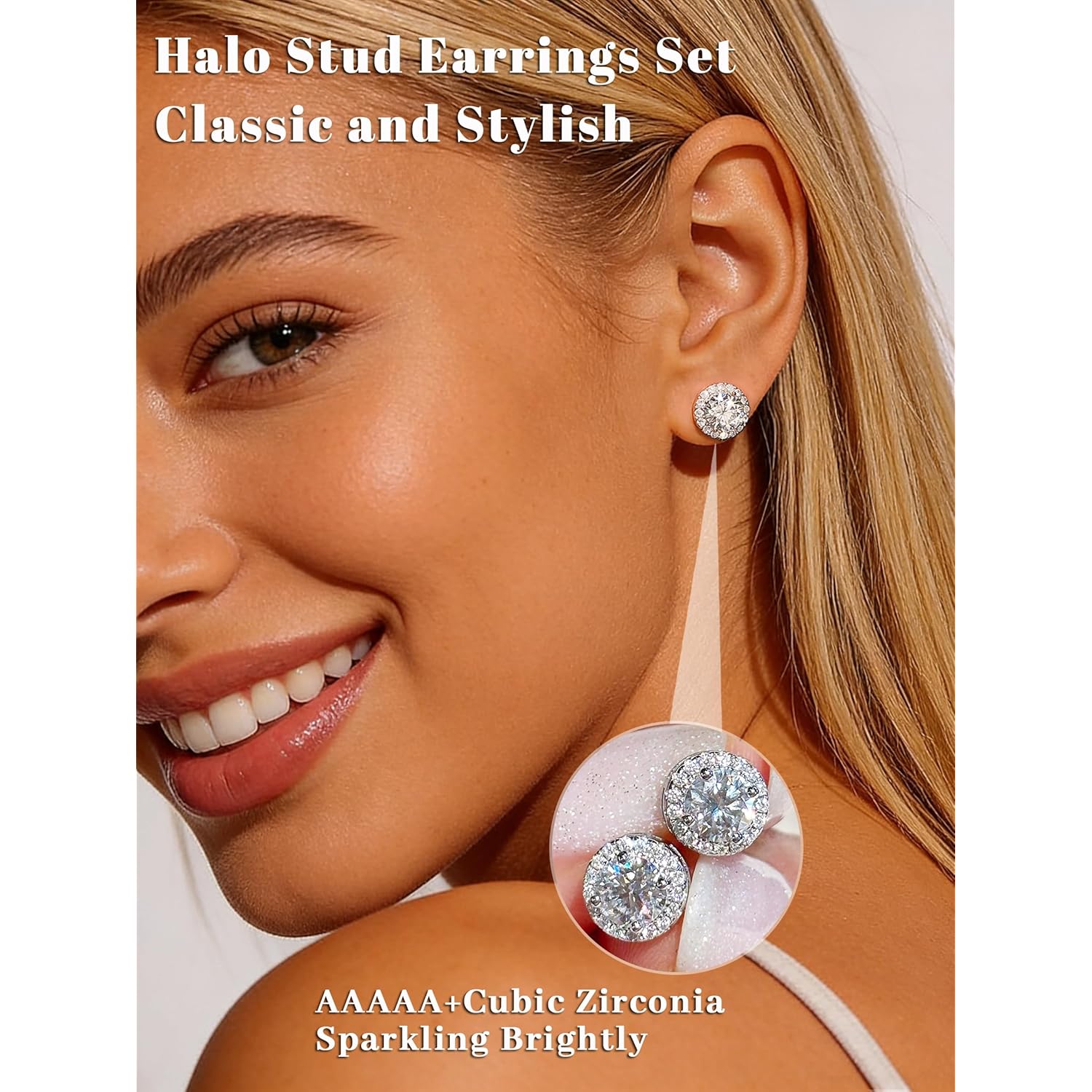 4 Pairs Silver Stud Earrings for Women, 18K Silver Plated Hypoallergenic Premium Cubic Zirconia Earrings, Halo Round Square Stud Earrings Set for Women Men