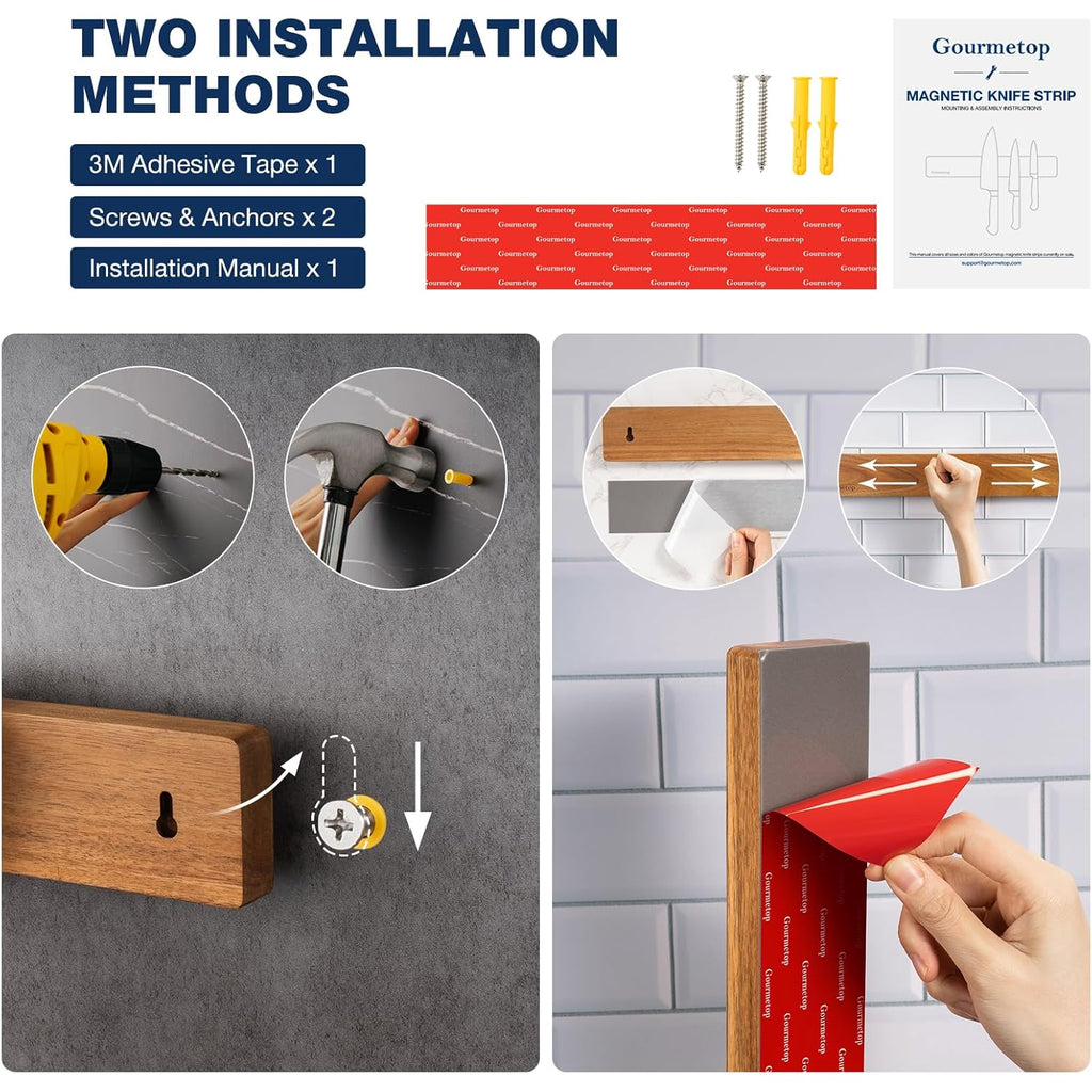 Magnetic Knife Holder for Wall, Acacia Wood Magnetic Knife Strip 16”, Strong N50 Knife Magnet Rack, No Drill 3M Adhesive or Screw Mount, Wooden Kitchen Knife Holder Organizer for Wall, Fridge, Kitchen