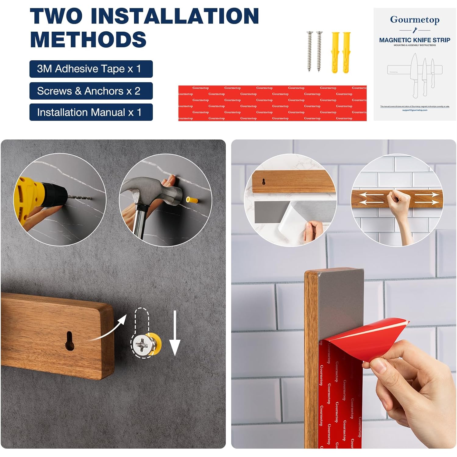 Magnetic Knife Holder for Wall, Acacia Wood Magnetic Knife Strip 16”, Strong N50 Knife Magnet Rack, No Drill 3M Adhesive or Screw Mount, Wooden Kitchen Knife Holder Organizer for Wall, Fridge, Kitchen