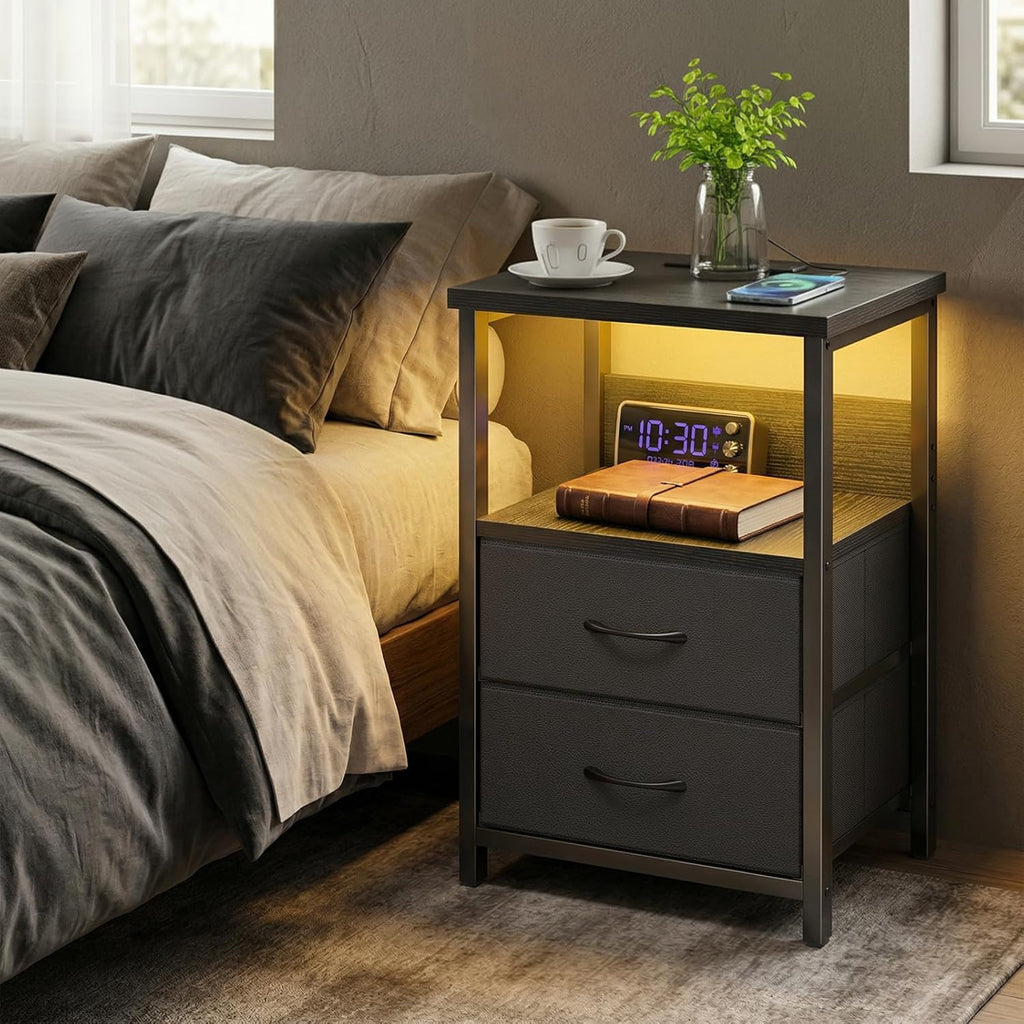 Fixwal Night Stand with Charging Station, LED Nightstand with U-S-B Ports and Outlets for Small Spaces, 2 Fabric Storage Drawers, Bedside Table End Tables Bedroom Decor, Modern Black