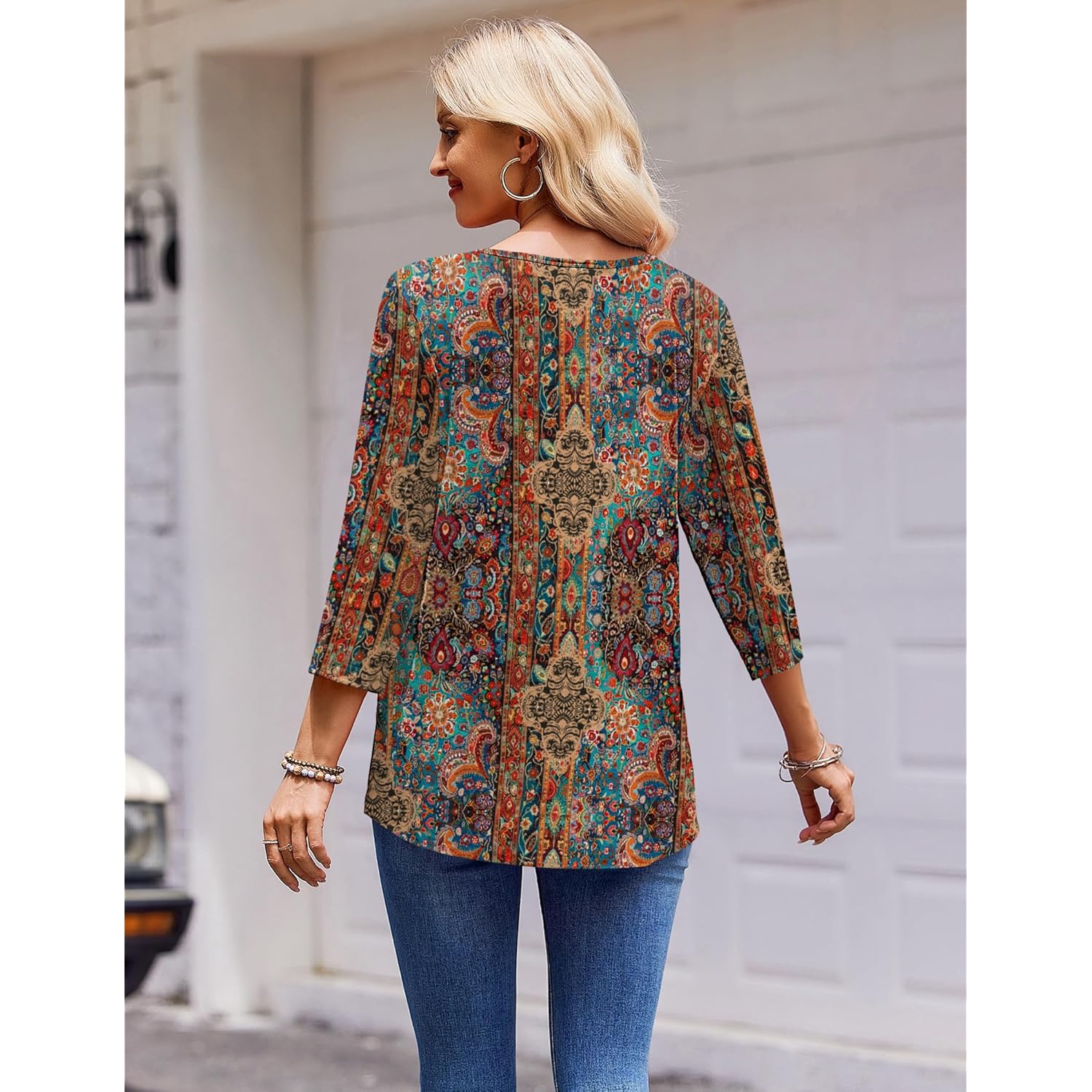 3/4 Length Sleeve Womens Tops Round Neck Casual Summer Tunic Tops Basic Tees Blouses Dressy T-Shirts Pleated Shirts