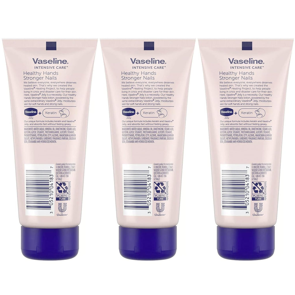 Vaseline Lotion, Healthy Hands Stronger Nails with Keratin 3-Pack – Intensive Care Hand Lotion with Petroleum Jelly, 3.4 Oz Ea