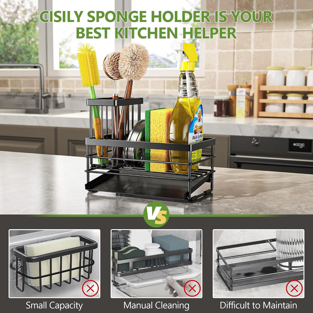 Sink Caddy Sponge Holder For Kitchen With Brush Holder And Stainless Steel Self Drain Tray, Rustproof Kitchen Sink Organizer For Sponge, Soap Dispenser Storage Accessories