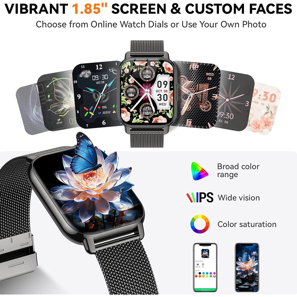 Smart Watch for Women (3 Bands), 1.85'' HD Fitness Tracker with Bluetooth Calls, IPX8 Waterproof Smartwatch for Android iPhone, 112+ Sport Modes, Heart Rate & Breathing Rate Sleep Monitor, Black