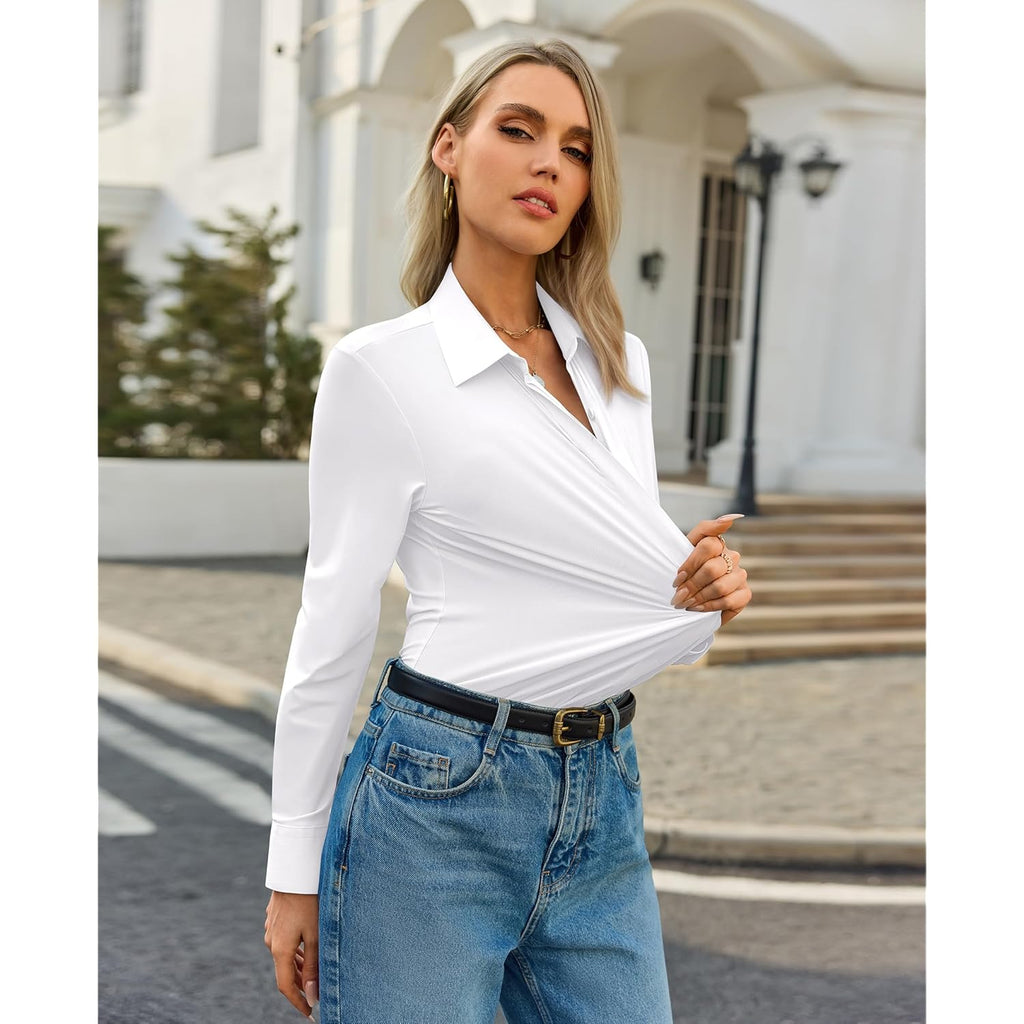 Womens Stretch Button Down Shirt Fitted Dress Shirt Long Sleeve Wrinkle Free Collared Business Casual Blouse