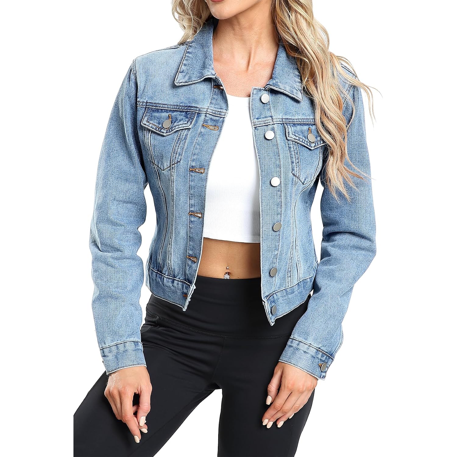 Andy & Natalie Women'S Denim Jackets Cropped Long Sleeve Basic Button Down Crop Jean Shacket With Pockets