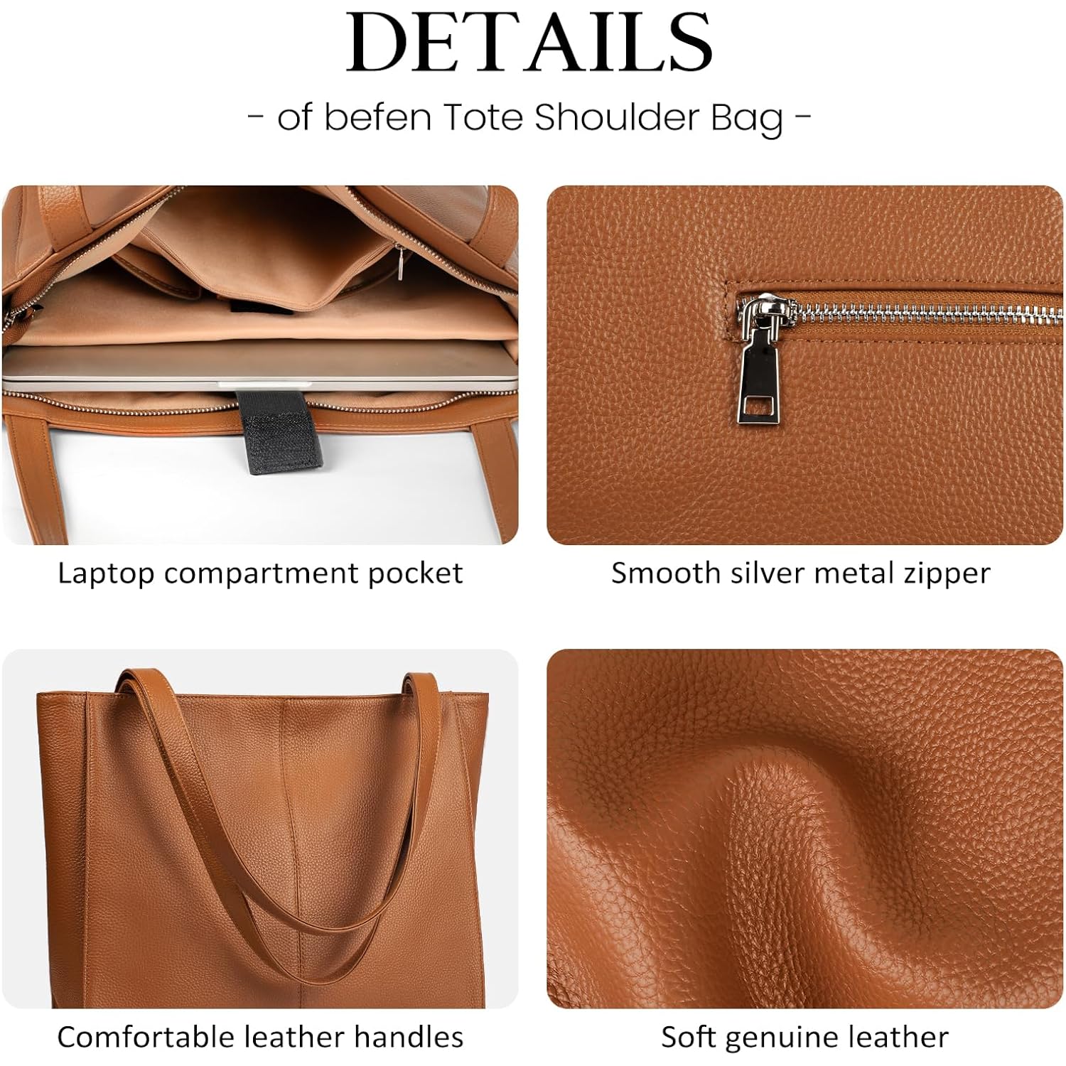 befen Genuine Leather Zipper Tote Bag for Women Work with Laptop Compartment, Women's Leather Shoulder Purse Satchel Handbags