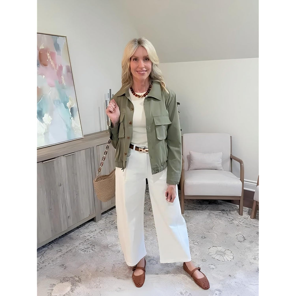 Women'S Military Safari Cropped Jackets Button Down Lightweight Oversized Utility Anorak Coat With Pockets