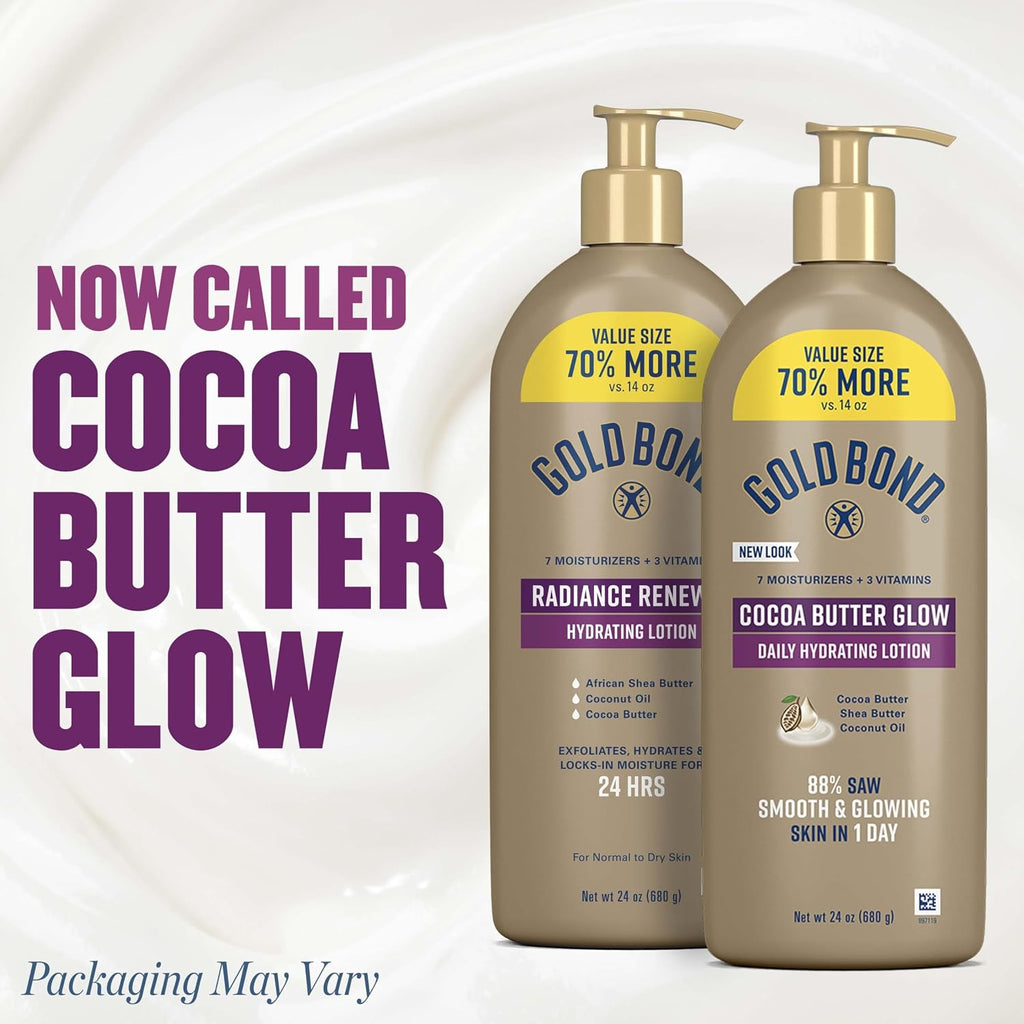 Gold Bond Cocoa Butter Glow Daily Hydrating Lotion With Cocoa Shea Butter & Coconut Oil, Exfoliating And Moisturizing Lotion For Dry Skin, 24 Oz