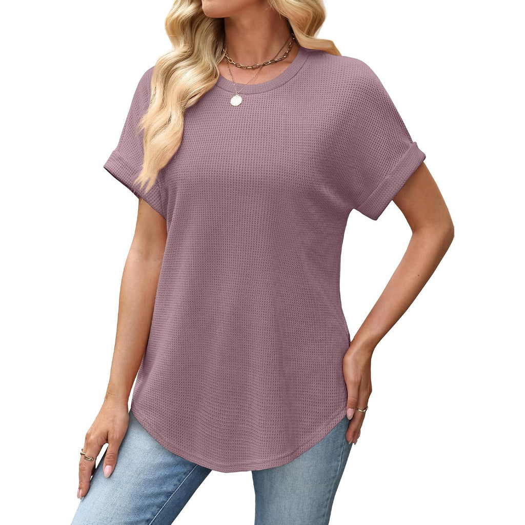 Sampeel Summer Tops For Women 2026 Trendy Rolled Short Sleeve Shirts Waffle Knit Crew Neck Tops Curved Hem Fashion Clothing