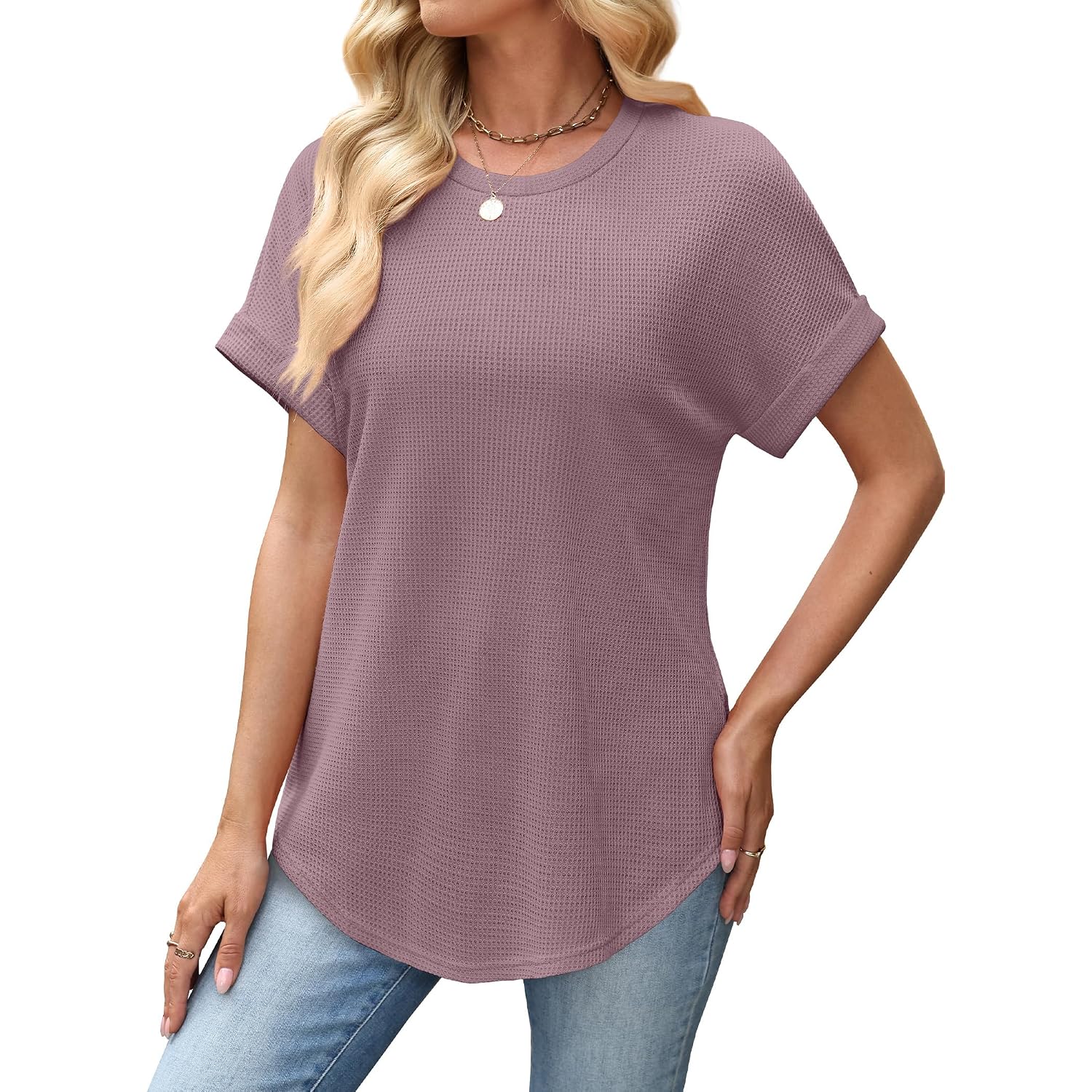 Sampeel Summer Tops For Women 2026 Trendy Rolled Short Sleeve Shirts Waffle Knit Crew Neck Tops Curved Hem Fashion Clothing